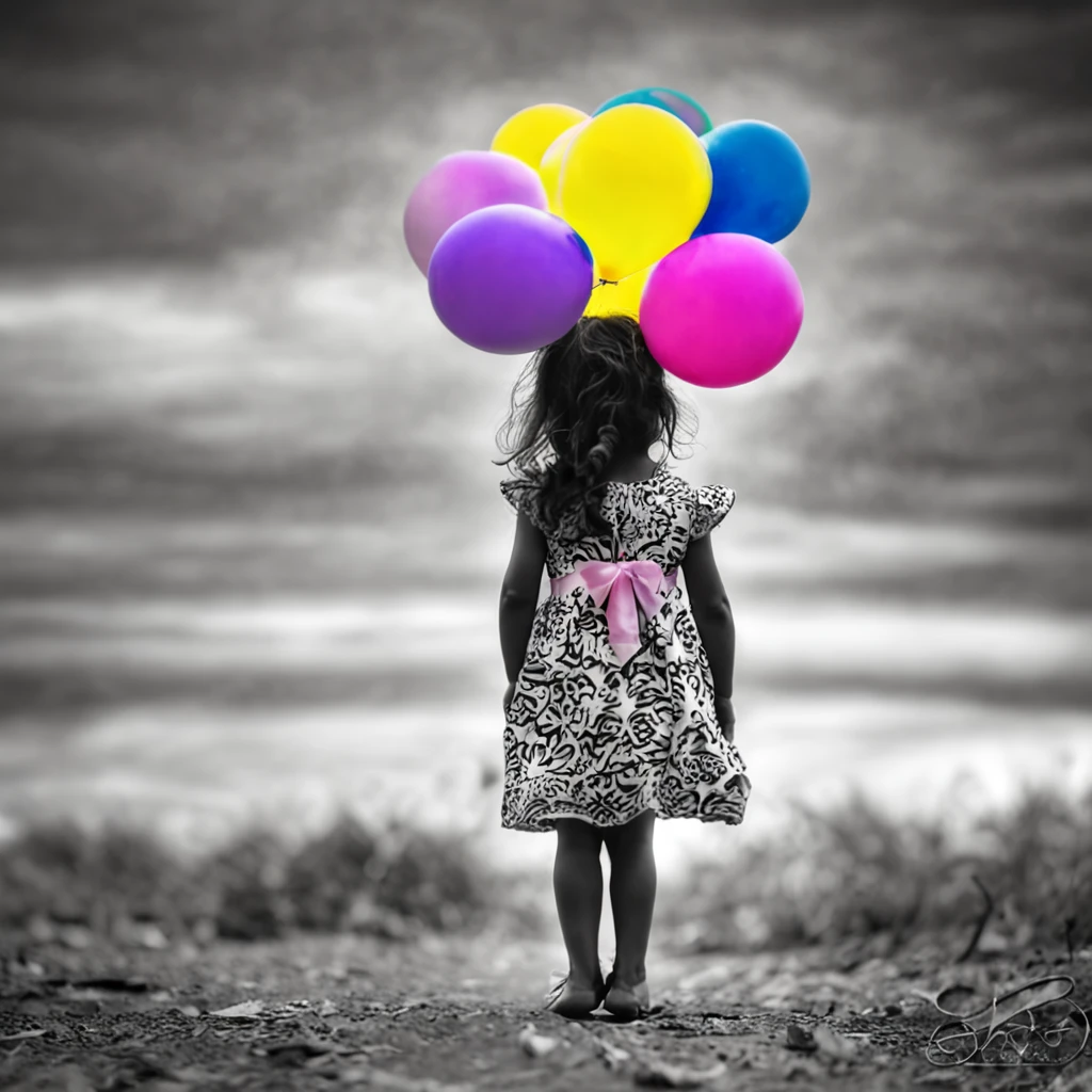 A black and white photo of a in a dress on her back holding colorful balloons, color effect only on balloons, imagem que demonstra liberdade e felicidade, salpicos de cor , salpicos de cor, salpicos de cor, futuro!!, Beautiful image, party balloons, Awesome, Por Irakli Nadar, foto bonito, menina feliz, !!! fotografia colorida, belo tiro, juvenile colors 8K pink balloons, azul, verde, amarelo.