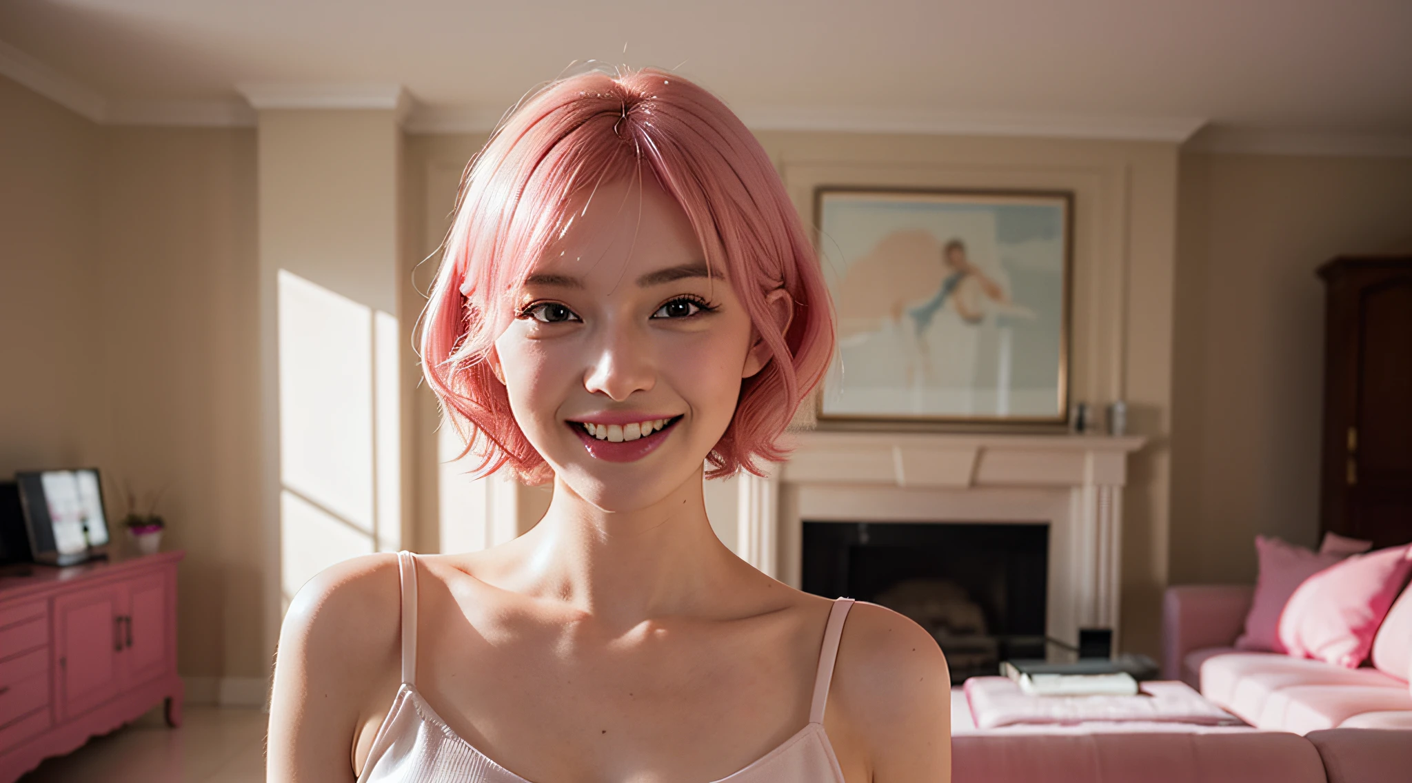 photo of a woman standing in living room , with money stacks , cute girl laughing, confident look, with short pink hair, jovana rikalo, full subject shown in photo, professional image , medium portrait, wide portrait, young business woman, color portrait, with pink hair, high quality portrait, money dollars stacks , aleksandra waliszewska