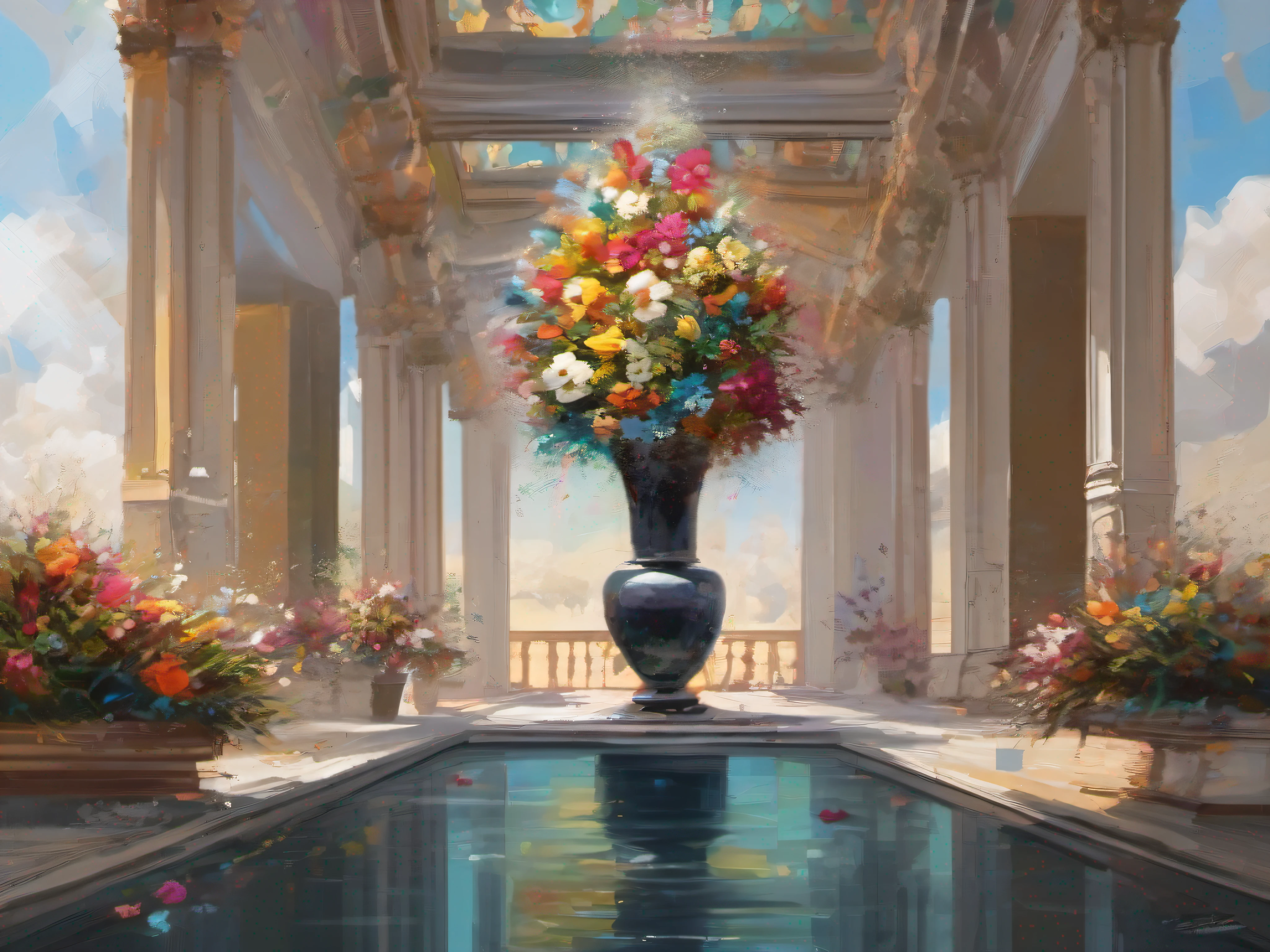 Illustration, ((micro flower explosion)), Flower Vase: ((Micro Explosions & Sophisticated Architecture))., Masterpiece, 16k UHD, acrylic painting, Palette knife, ((impasto)), by greg rutkowski salvadore dali, inception-the-movie-style, sophisticated architecture, arbotecture