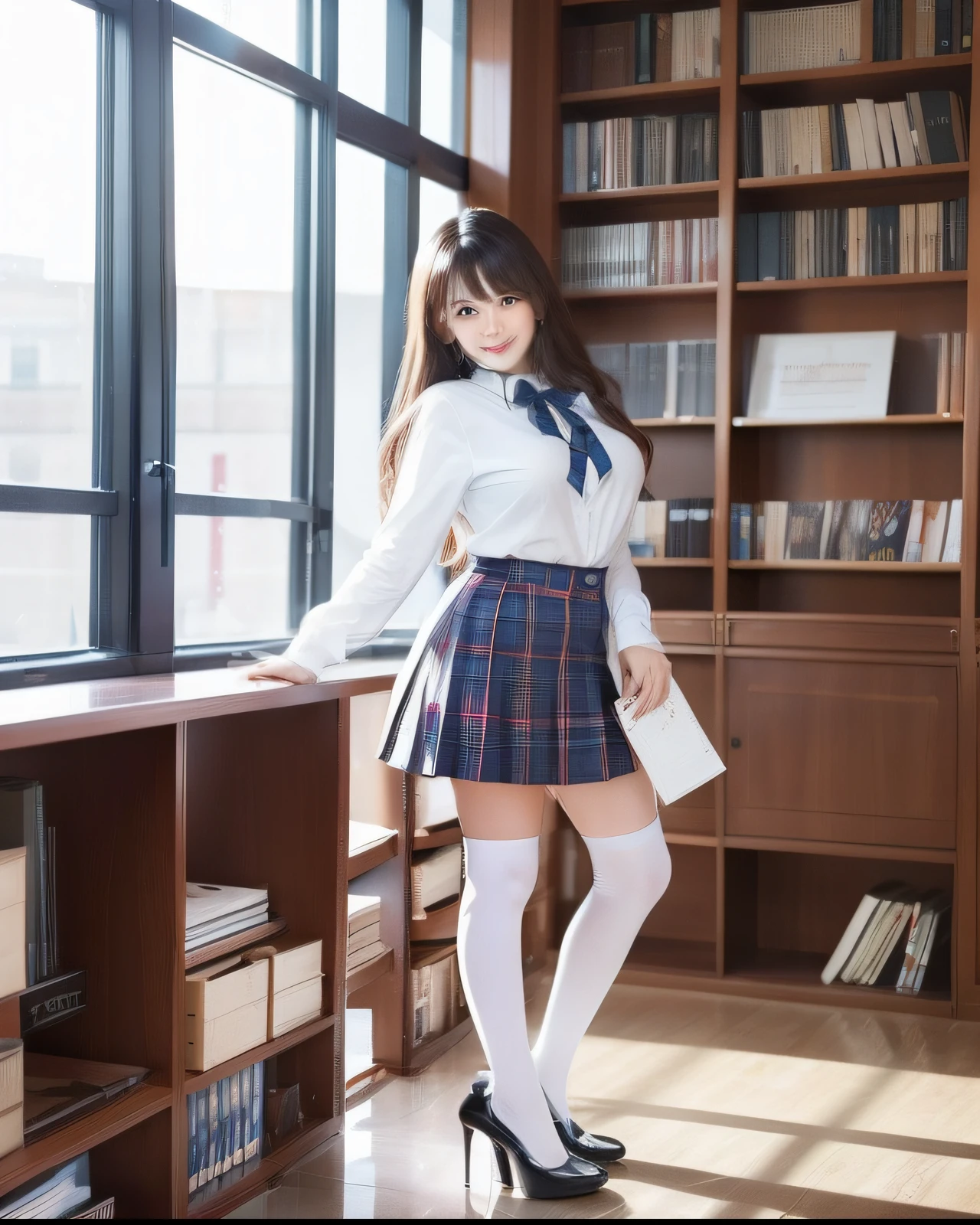 Full body shot, gigantic boobs、The ultimate beautiful girl at 20 years old、plump curvy buxom figure,cute very beautiful face、Long bangs that extend to the eyes, nose and mouth、The most beautiful brunette hair in the world、Super long straight hair、twin tails hairstyle,Glowing big beautiful light blue eyes、White and beautiful shiny skin、giggling, she's wearing a school uniform and a red tartan plaid skirt , white overknee socks and high heeled stilettos, standing in a library