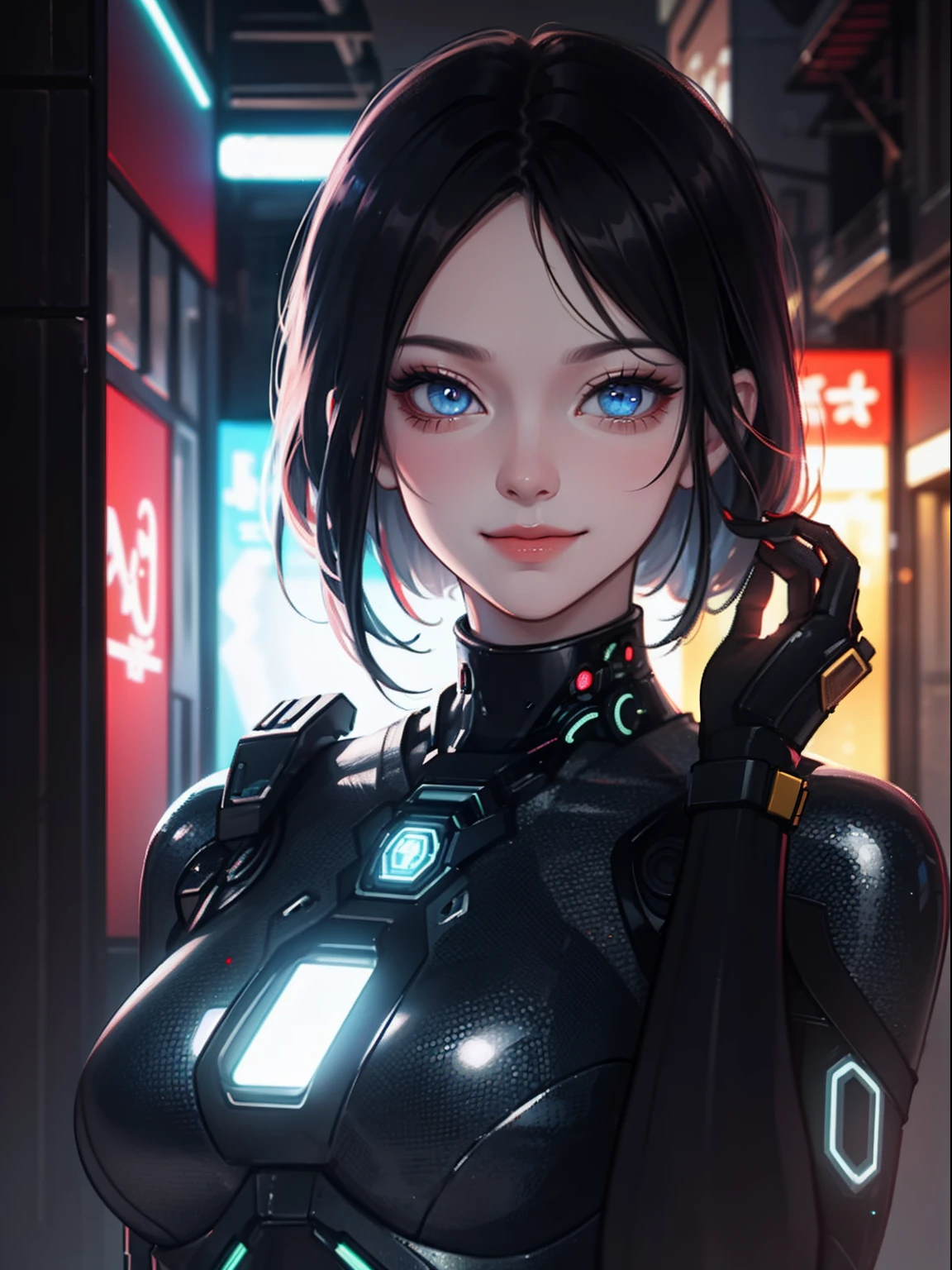 A portrait in a cyperpunk city, neon tokyo, landscape with a young beautiful mature female with short and black hair, light blue neon eyes, asian traits, wearing a black and red full body cybernetic suit, hacker vibe, netrunner, with a cocky smile, smirk, one hand on her hair, 4K, 3d Octane render, cinematic lighting, Dynamic, Ray Tracing, bloom, 50mm.