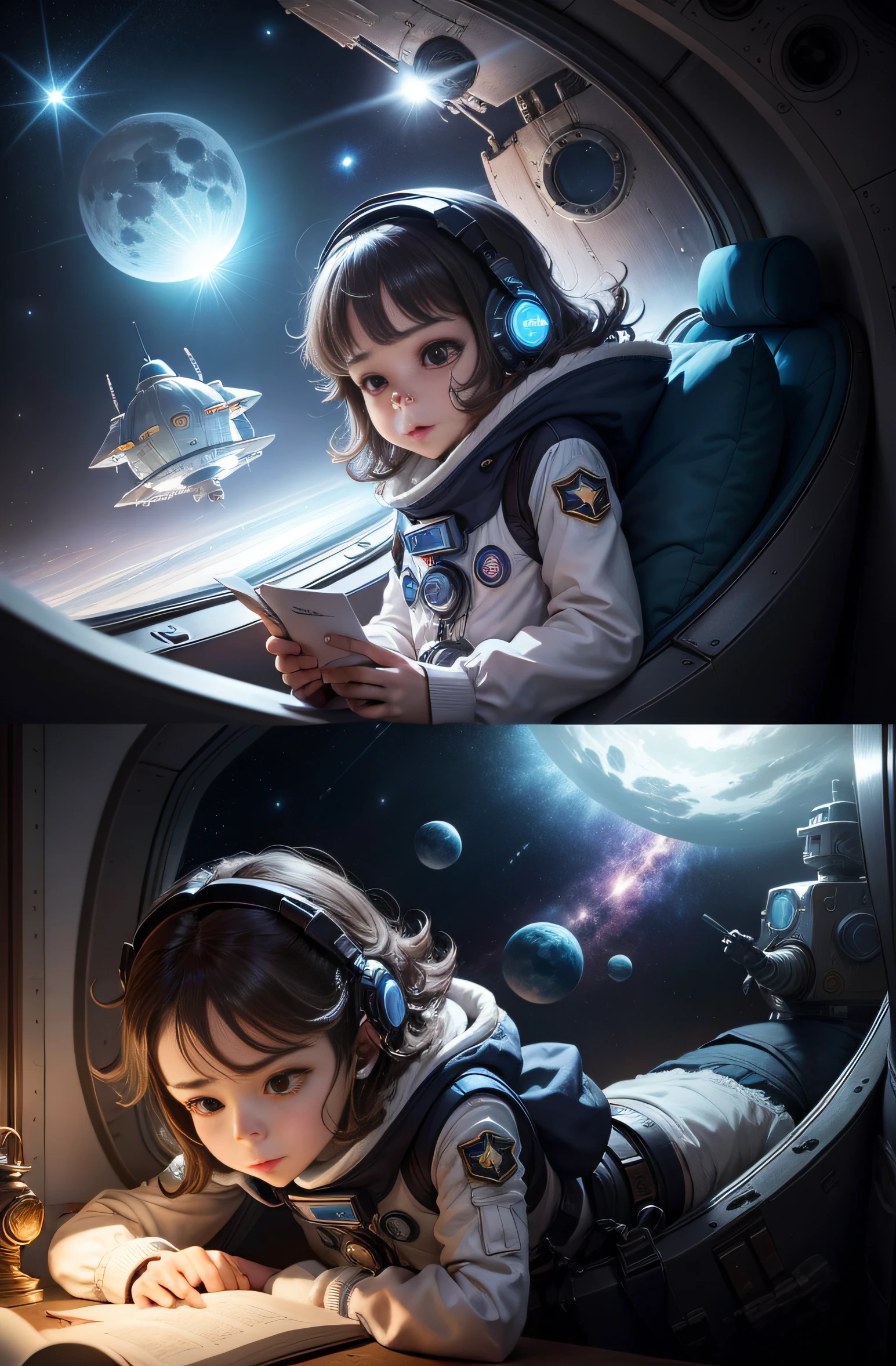 Chapter 2: The Amazing Spaceship
Luna and Leo followed the instructions in the letter and found a secret place where a magical spaceship was waiting for them. The ship had windows that showed bright stars and buttons that looked magical.
"Vamos nessa!" disse Luna, pressing one of the buttons. The spacecraft began to shake and, de repente, They were flying through outer space!