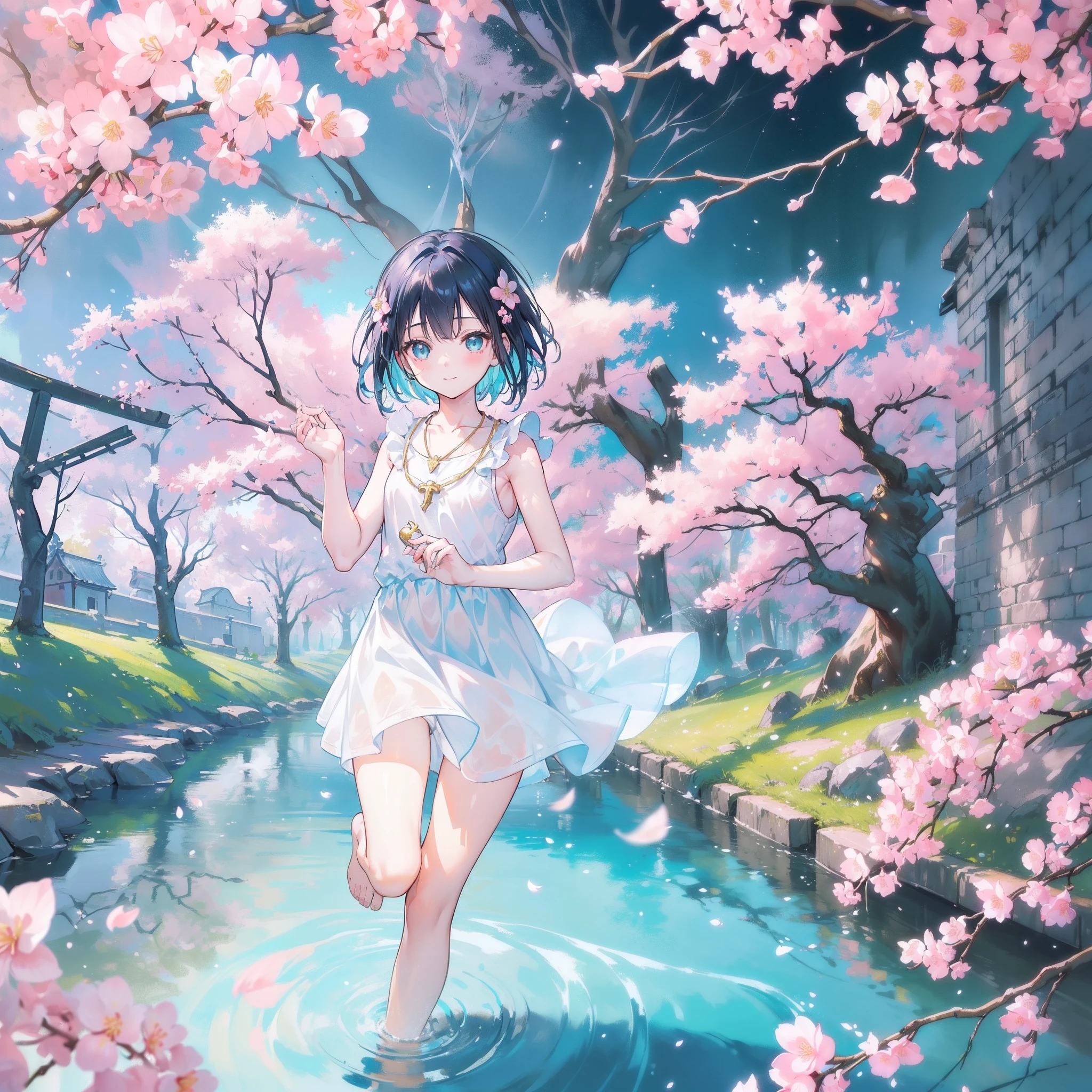 A close up view of Anime (((()))) girl, White and aqua dress, ((blue hand accessories)), ((short black hair)), ((hair accessories)), blue eyes, gold ear decorations, nose, (smiling and excited), pale skin, small thigh, (((small barefeet))), cute, (((gold decorations and necklace on body ))), ((((In front of an mystical ancient village in a mystical forest with cherry blossom trees)))), ((((splasing on water in a river)))), cinematic light, high resolution, highest quality, ultra detailed, detailed face, (detailed eyes), best quality, hyper detailed, masterpiece, (((short legs))), clean face, sun shining down, (sleeveless), (((A far view)))