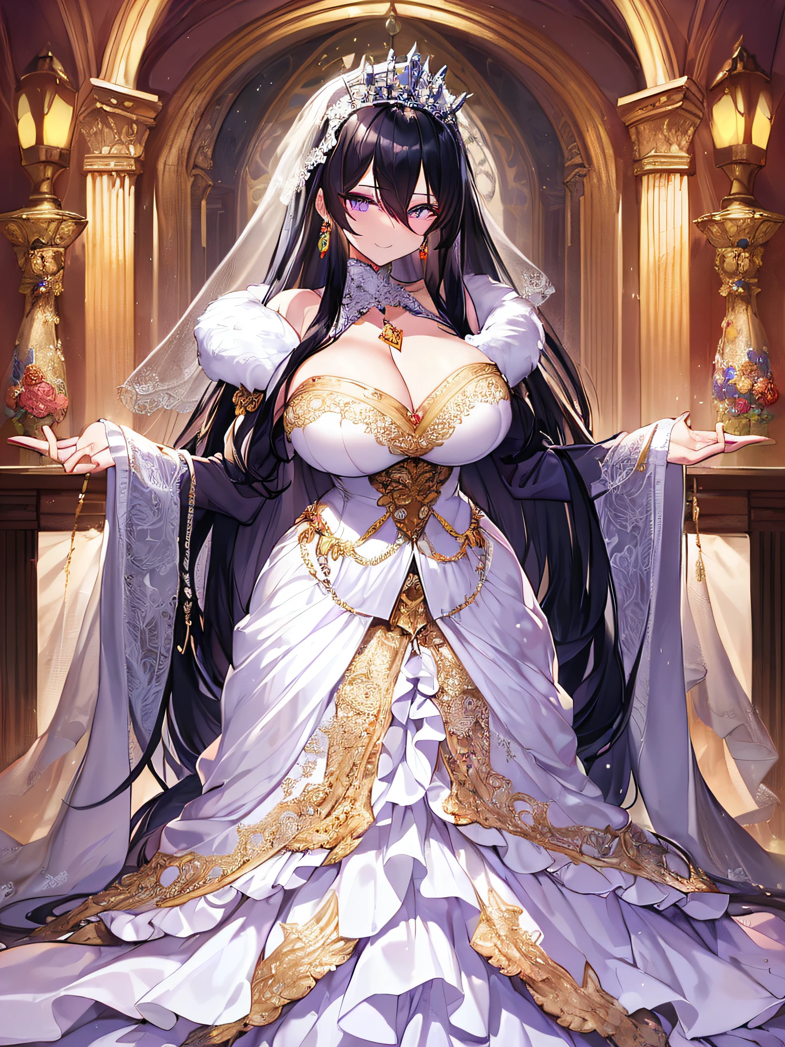 ((anime artstyle)),Masterpiece,Best Quality,Super Detail,Very Delicate and Beautiful,Solo,((full body)),((1 arrogant queen wearing beautiful embroidery gorgeous stately white wedding dress with voluminous crinoline hoopskirt)),(gigantic tits,Long tits,skindentation),jewel-like eyes,(((arrogant,haughty))),dominant pose,(haughty smile),Sharp eyes,Purple eyes,((Bangs between eyes,voluminous straight hair,extremely Long straight Hair)),black hair,gorgeous embroidery and lace,enormous puffed sleeves,luxury hair ornament,extremely gorgeousfull jeweled tiara,long train,bling-bling gorgeous gemstone jewelry,long wedding veil,detailed face and eyes,full body,standing in the sacred cathedral,((beautiful embroidery gorgeous stately white wedding dress with voluminous crinoline hoopskirt))