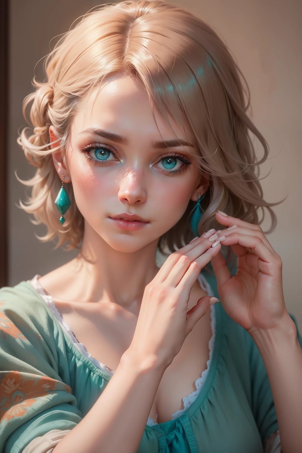 Women's hands, Neat manicure, pink nails, Flower nails, Epically realistic, Faded, ((neutral colors)), Art, (HDR: 1.5), (Muted colors: 1.2), over-detailed, (Artstation: 1.5), Cinematic, Warm light, Spectacular light, (complex details: 1.1), Complex background, (by rutkowski: 0.8), (teal and orange: 0.4)