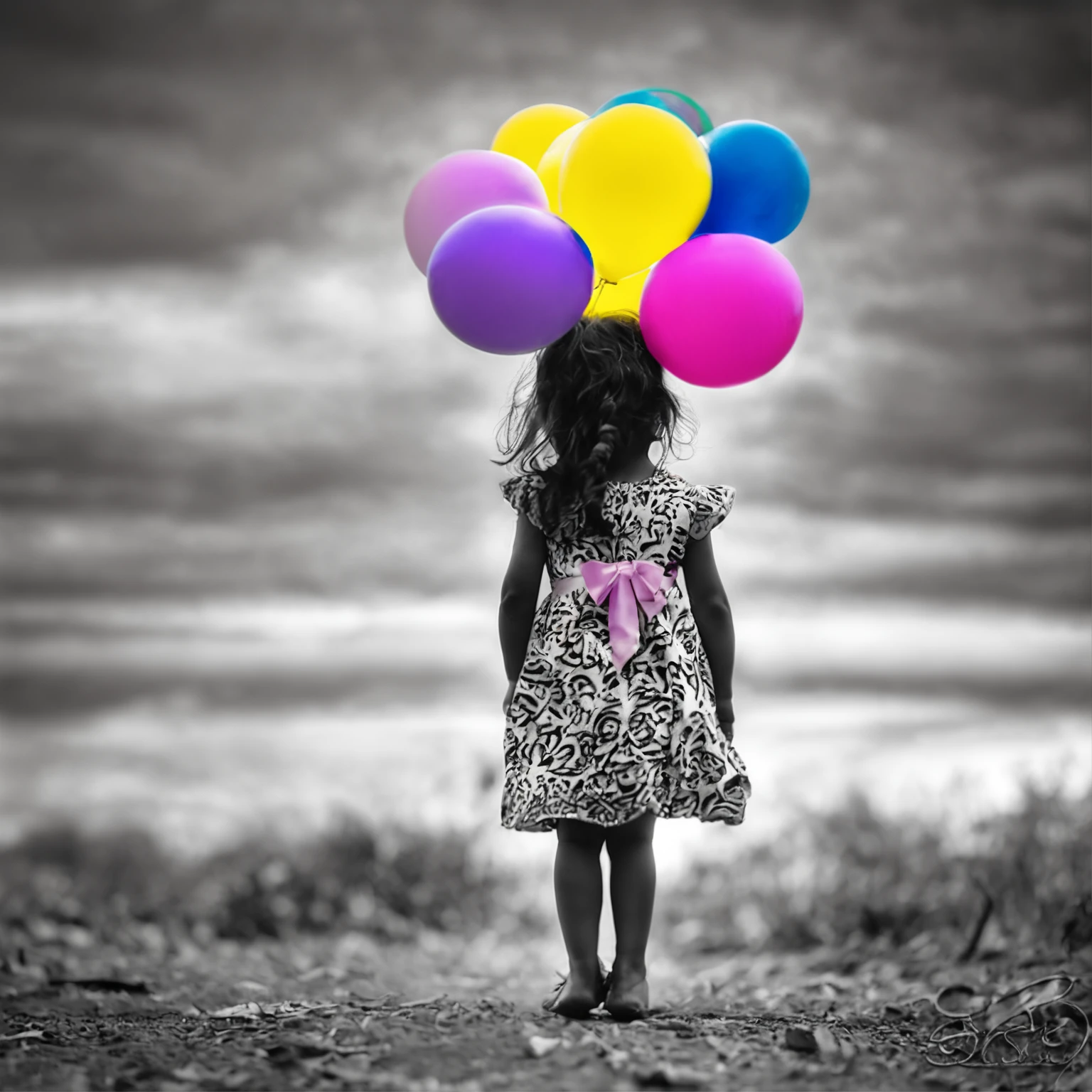 A black and white photo of a in a dress on her back holding colorful balloons, color effect only on balloons, imagem que demonstra liberdade e felicidade, salpicos de cor , salpicos de cor, salpicos de cor, futuro!!, Beautiful image, party balloons, Awesome, Por Irakli Nadar, foto bonito, menina feliz,otografia colorida, belo tiro, juvenile colors 8K pink balloons, azul, verde, amarelo.