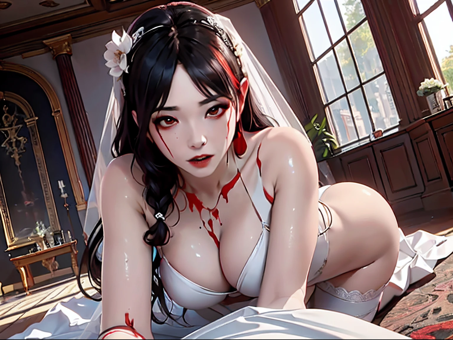 arafed, high details, best quality, 16k, [ultra detailed], masterpiece, best quality, (extremely detailed), dynamic angle, ultra wide shot, RAW, photorealistic, a wide angle picture of a vampire bride biting  her groom, a [female vampire] bride (best details, Masterpiece, best quality) vampire female in a white latex wedding gown with blood stains (best details, Masterpiece, best quality), ultra detailed face (best details, Masterpiece, best quality), ultra feminine, grey skin, red haired, long hair, wedding hair cut style, blue eyes, intense eyes, wearing model715 black latex wedding dress bloody gown (best details, Masterpiece, best quality), wearing white high heels, in the honeymoon suite (best details, Masterpiece, best quality), biting the the groom, bloody face, BREAK a beautiful human man (best details, Masterpiece, best quality), ultra detailed face (best details, Masterpiece, best quality), wearing a white wedding tuxedo (best details, Masterpiece, best quality), honeymoon suite background, Ultra-Wide Angle, high detail, award winning, best quality, HD, 16K, 3D rendering, high details, best quality, highres, ultra wide angle, 3D rendering, [[anatomically correct]]