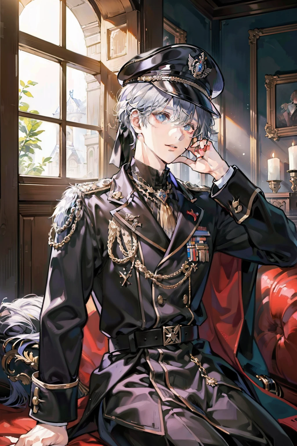 Meisterwerk, best quality, Ultra-detailliert, 4k quality, ausdrucksstarke Augen, Perfektes Gesicht, Perfekte Anatomie, Perfect Body, realistisch, 1Junge, reifer Junge, full entire body, kurzes schwarzes Haar, blasse Haut, Rote Pupillen, Narbe im Gesicht, Detaillierte Augen, Perfekte Augen, silberne Ohrringe, Detaillierte Lippen, Er sitzt auf schwarzem Marmorthron, Black high-level military uniform with silver and gold accessory, Peaked cap, Male Emperor, Ruler of the kingdom, somber atmosphere, gekreuzte Beine