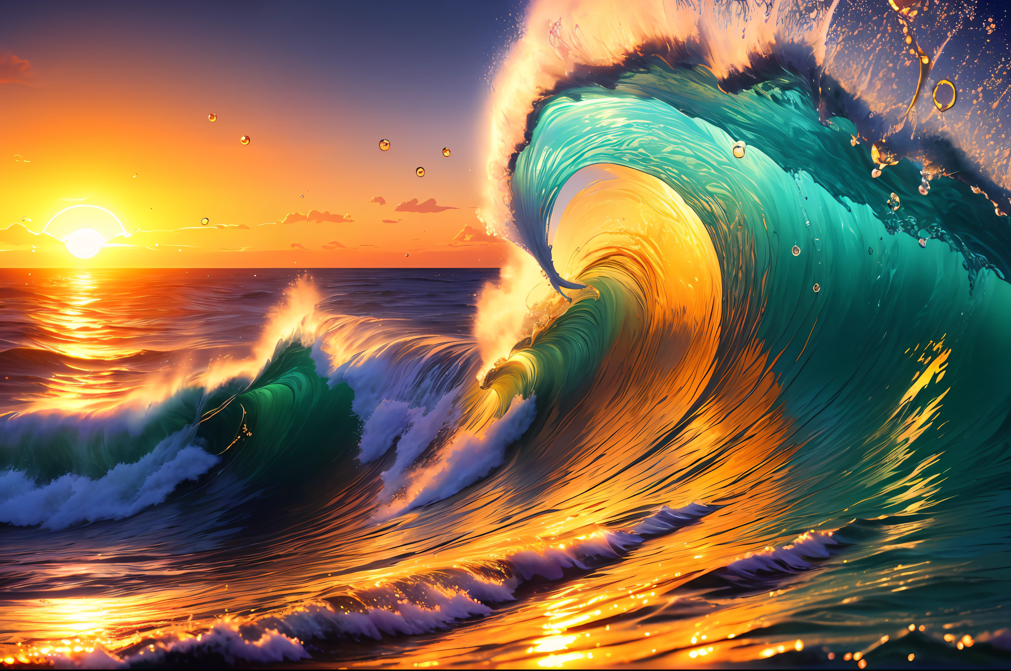 Masterpiece, best quality, (8k very detailed CG unit wallpaper) (best quality), (best illustration), (best shadows) a golden sea wave, bright orange aol sunset through the wave, golden droplets flying, (:1.6) posseidon coming out of the wave