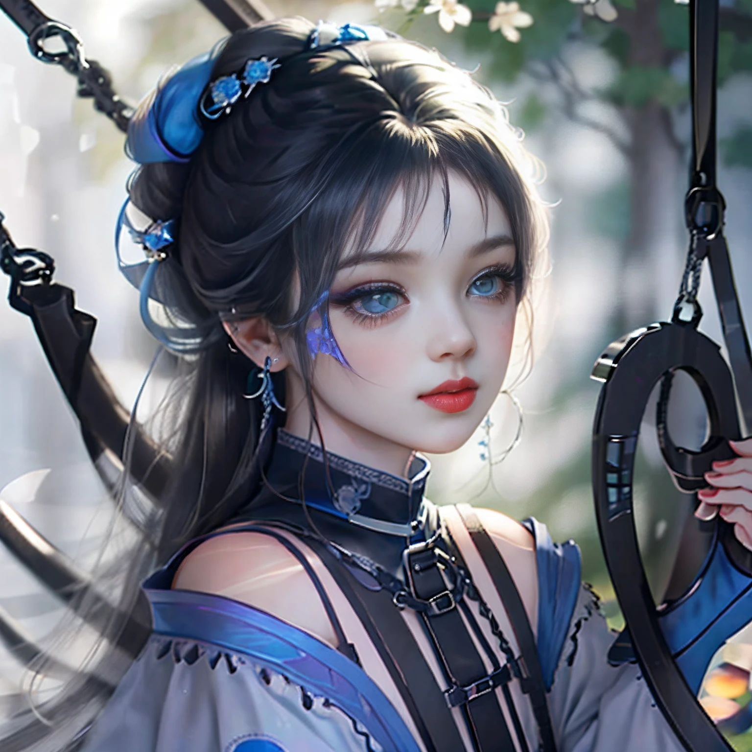A cute girl,Double ponytail with blue-violet gradient,Black lace long dress,Black Martin boots,Lace edges,Sapphire green pupils,Thin bangs,Small nose and mouth,Sit on the swing in the spring-filled park,shining sun,Highest image quality,Ultimate light and shadow effects,Meticulous hands