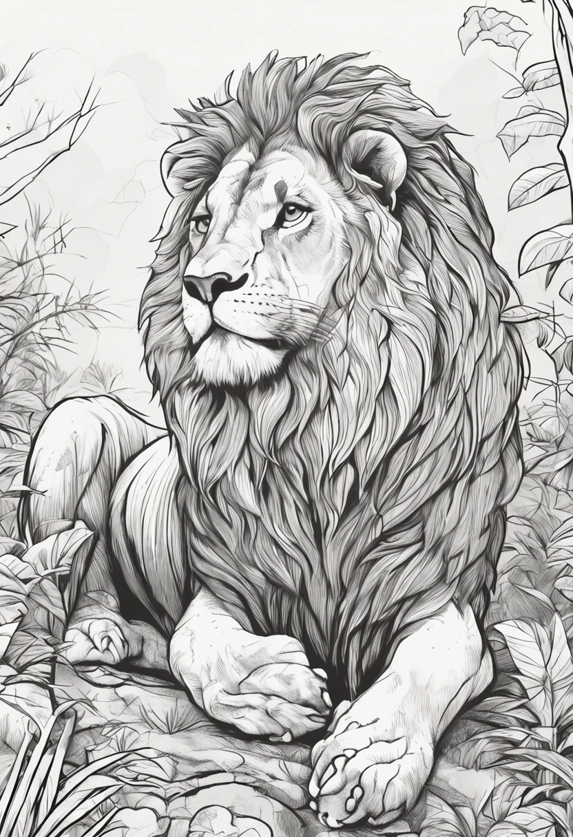 Drawing of a lion in the forest,desenho infantil,linhas grossas,sem cor,fundo branco,dashes only