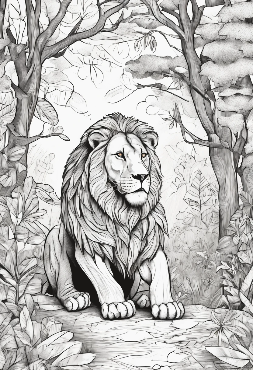 Drawing of a lion in the forest,desenho infantil,linhas grossas,sem cor,fundo branco,dashes only