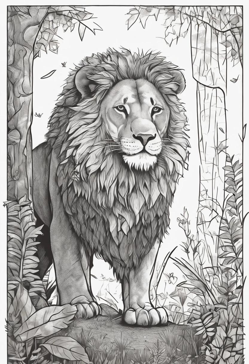 Drawing of a lion in the forest,desenho infantil,linhas grossas,sem cor,fundo branco,dashes only