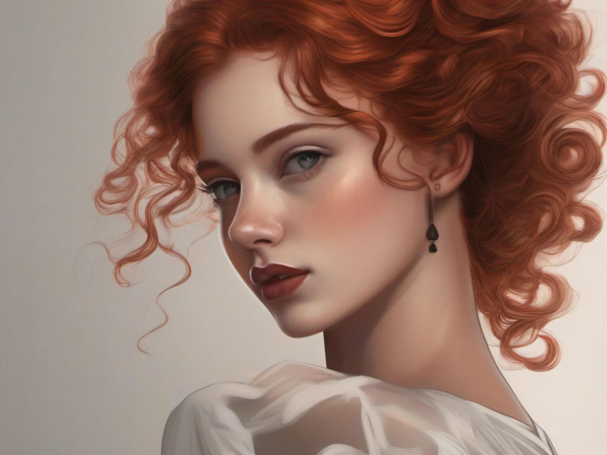 European Features, Nanette Fluhr, Somatou Style, 15 year old sexy hot beauty, curly red hair, pencil lines, the scene is depicted in a realistic style, Portrait, with a somber sort of elegance, Victorian-inspired illustrations, elegant lines and shading, Minimalist background