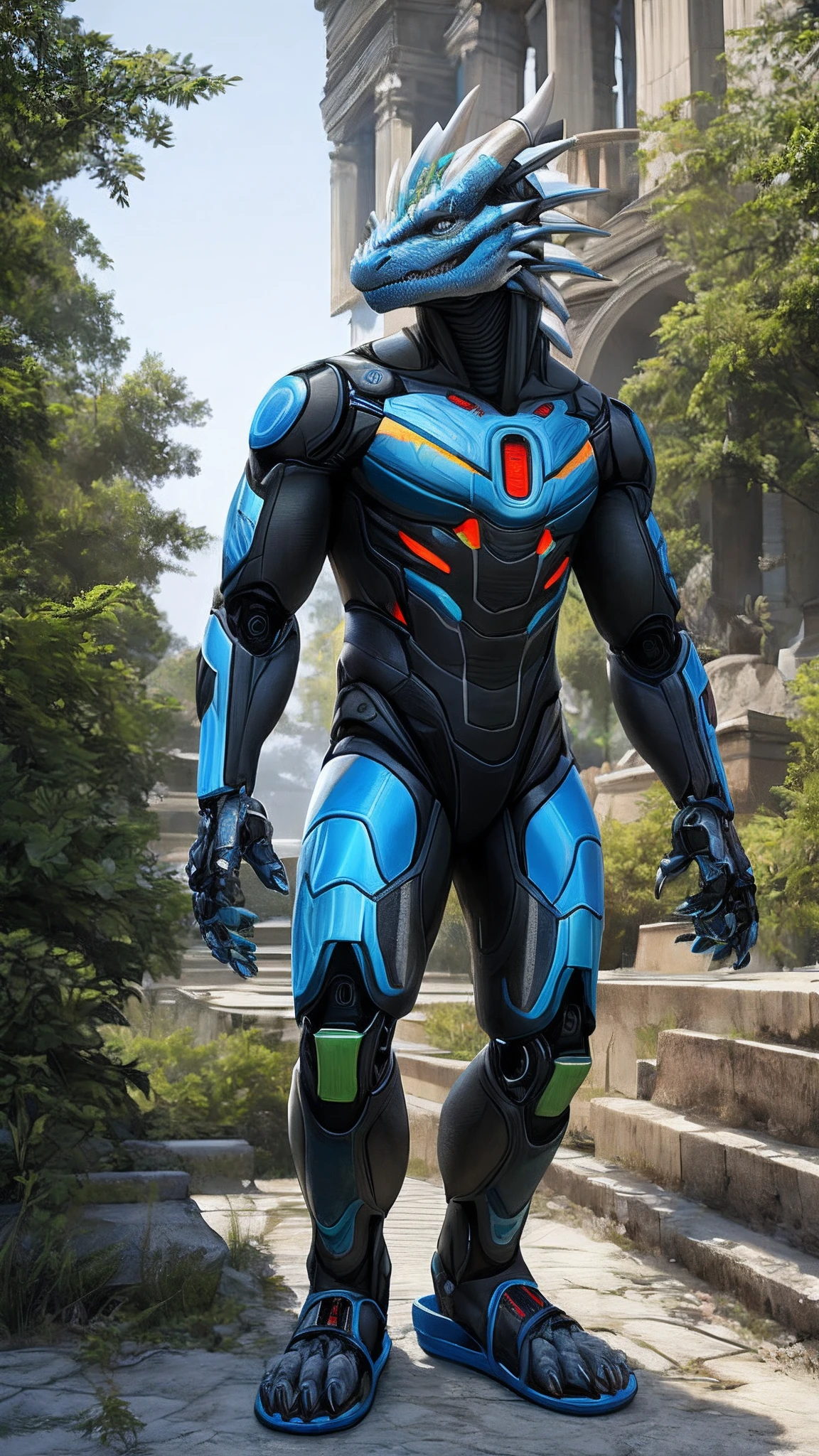 Bionic robot dragon,male,Android,Red Lingeri,sandals,Beaten outdoors,HD graphics,Detailed and realistic,high detal,high qulity,photo-realistic,photorealistic eye,Detailed paws,Clear eyes,Masterpiece artwork,Five-fingered hands
