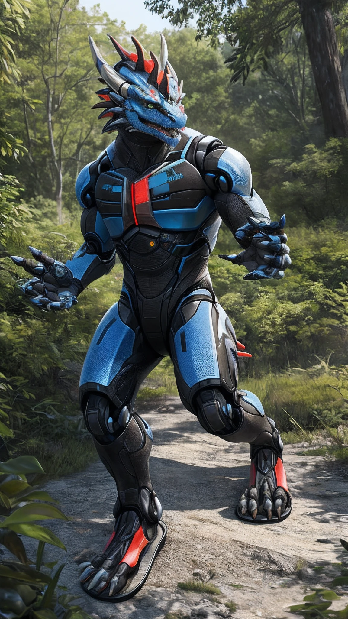 Bionic robot dragon,male,Android,Red Lingeri,sandals,Beaten outdoors,HD graphics,Detailed and realistic,high detal,high qulity,photo-realistic,photorealistic eye,Detailed paws,Clear eyes,Masterpiece artwork,Five-fingered hands