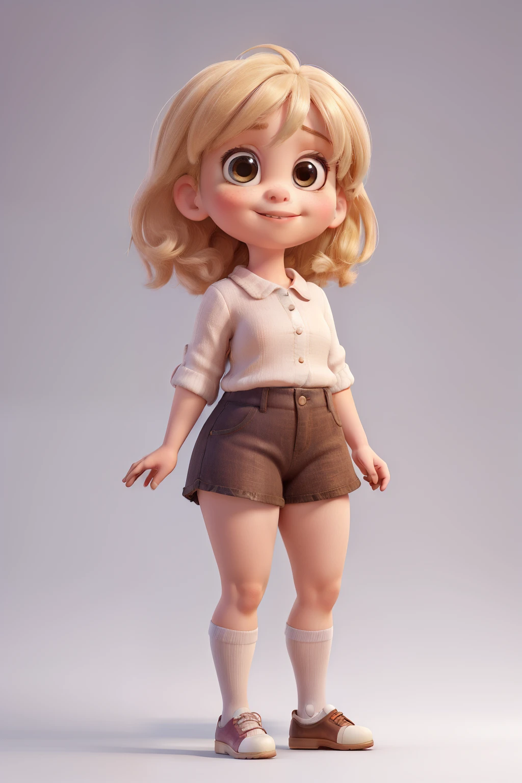 Cartoon Caricature, Adorable, Fat little girl ,Big Eyes Girl, Smileing,whitebackground, Her hands are in graceful ballet mode, Wearing thigh stockings , small ears;;;;;, Full body,  intense colors, Very valuable details, complex details, volumetric lighting, digital art, 8k, trending on Artstation, Clear focus, complex details, highly detail, Greg Rutkowski Big Eyes, high-resolution, blonde hair