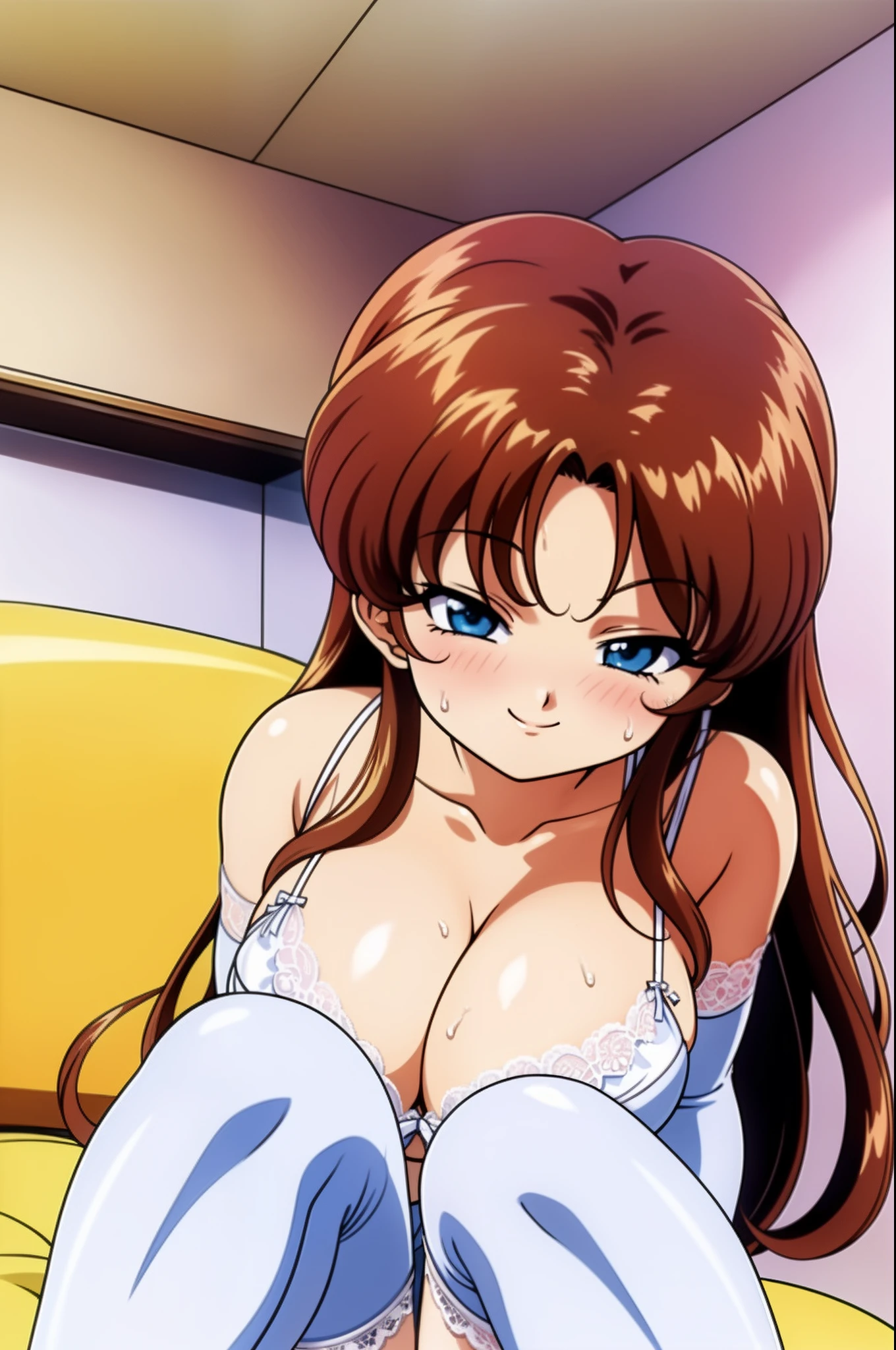 best quality, ultra-detailed, high resolution, (beautiful detailed eyes:1.2), anime screencap, dark brown hair, long hair, bangs, blue eyes, (1990s \(style\), retro artstyle, 1990s anime cels style, indoors, 1girl, pale skin, lace white bra, lace white gloves, lace white thigh highs, white garter belt, (cleavage:1.2), bare shoulder, (half closed eyes:1.2), (nose blush), smile, closed mouth, sweat, sitting