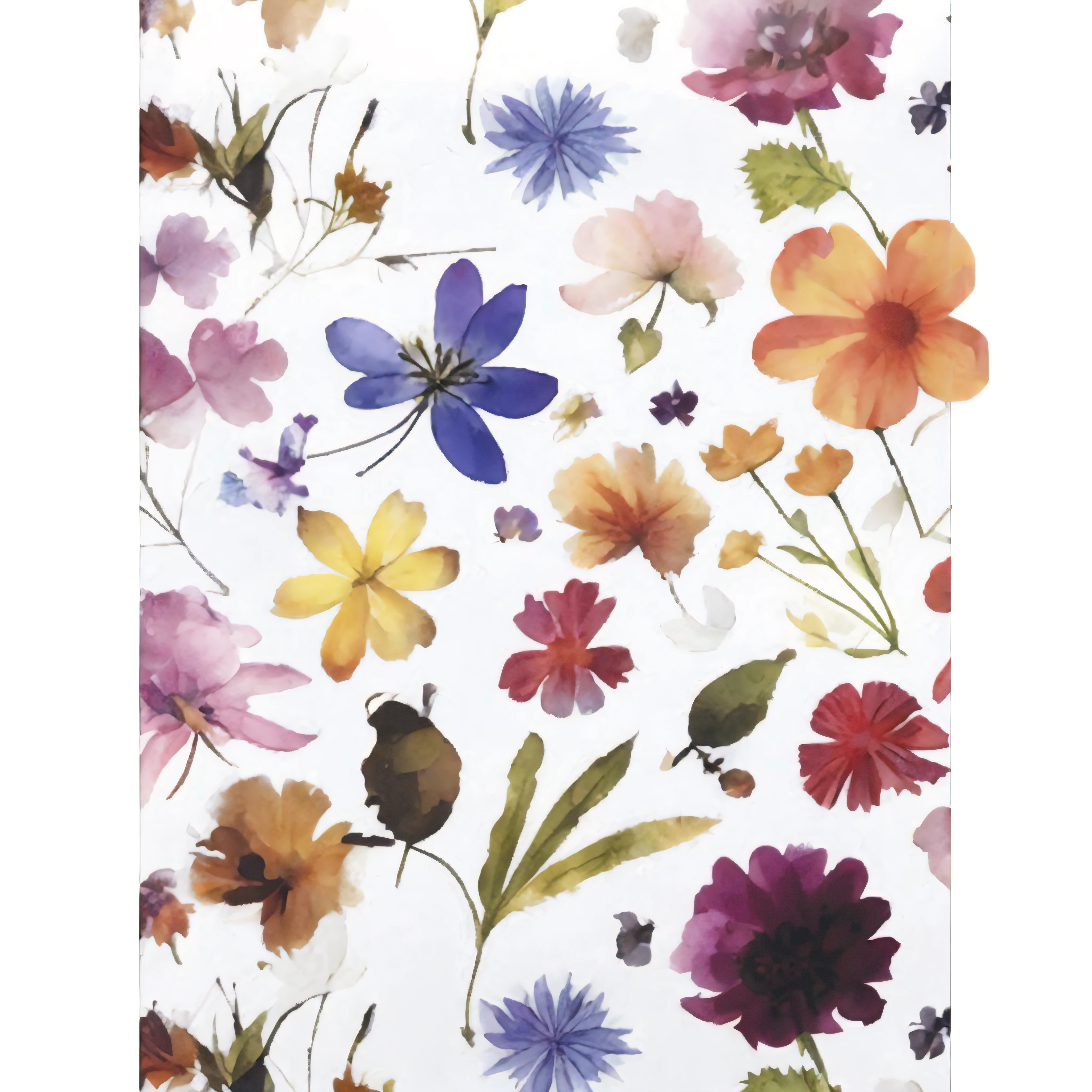 a closeup of a flower print on a white background, flores prensadas, flores coloridas, flores irregulares, Botanical Herbarium Paper, Florido, flores do prado, botanico, flores manchadas, flores secas, garden flowers pattern, floral patterned skin, Directed by: Rainer Maria Latzke, Jardim delicado sobre papel, flores silvestres, poder da flor, flores e caules