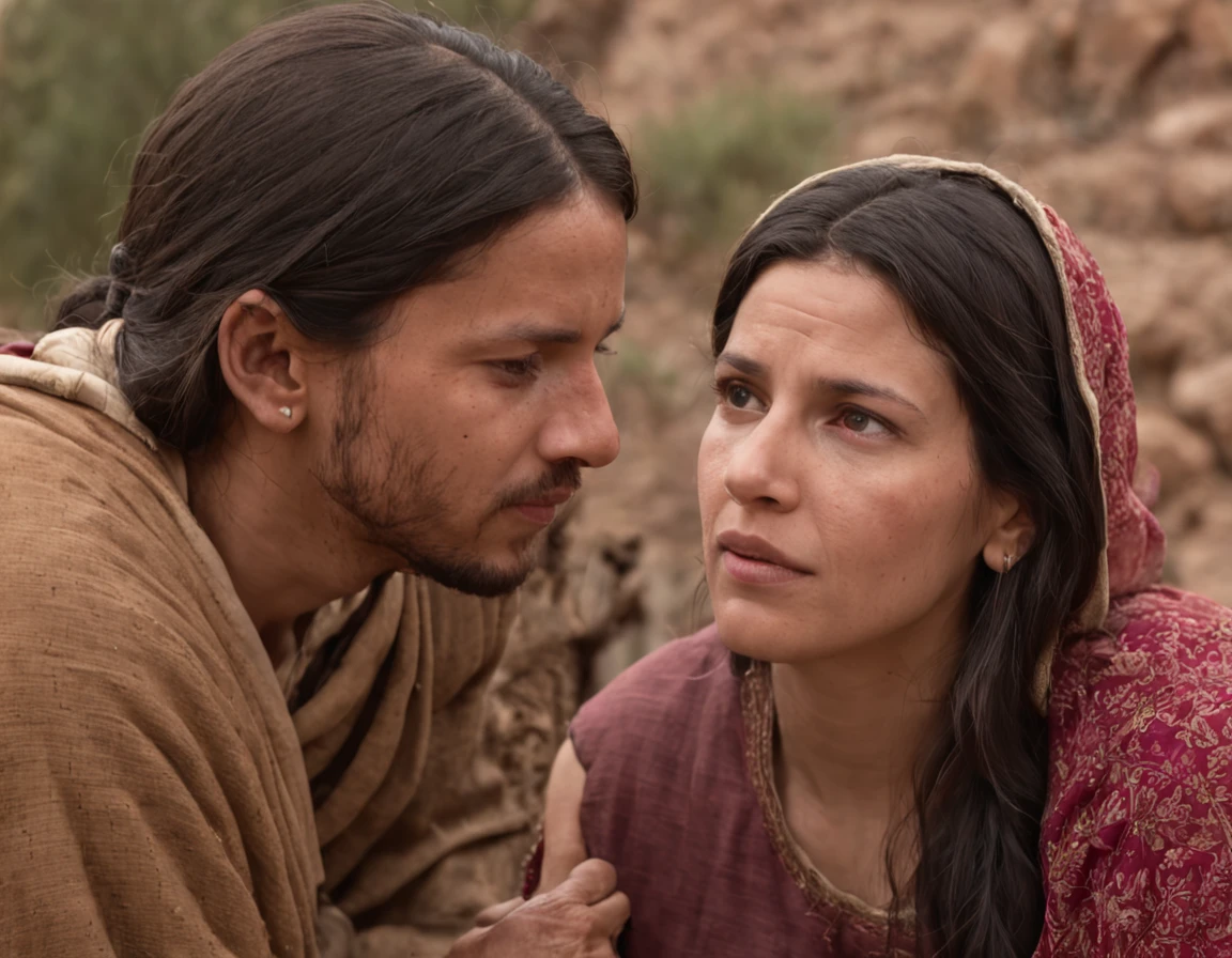 (melhor qualidade: 1.4), (Ultra Highres: 1.2), (fotorrealista: 1.4), (8k, Foto RAW: 1.2).The description of the Samaritan woman's physical appearance is not detailed in the biblical narrative, But her Samaritan background suggests that she likely had similar traits to other people in the region. No historical-cultural context, The story of the Samaritan woman is set during a period of ethnic and religious tensions between Samaritans and Jews. His encounter with Jesus at Jacob's well highlights the message of spiritual equality and the importance of faith over cultural differences.