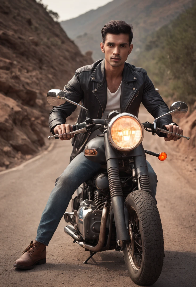 Amazing cinematic poster with a Royal Enfield motorcycle with a male rider, highway background with floating rocks with neon lights, broken asphalt with rocks, lightning, energy, neon lights, sunset, grunge texture, ultra-realistic, photorealistic, dust particles , photographed with a Nikon D850 camera with a Nikkor 24 -70mm f/2.8E ED VR lens