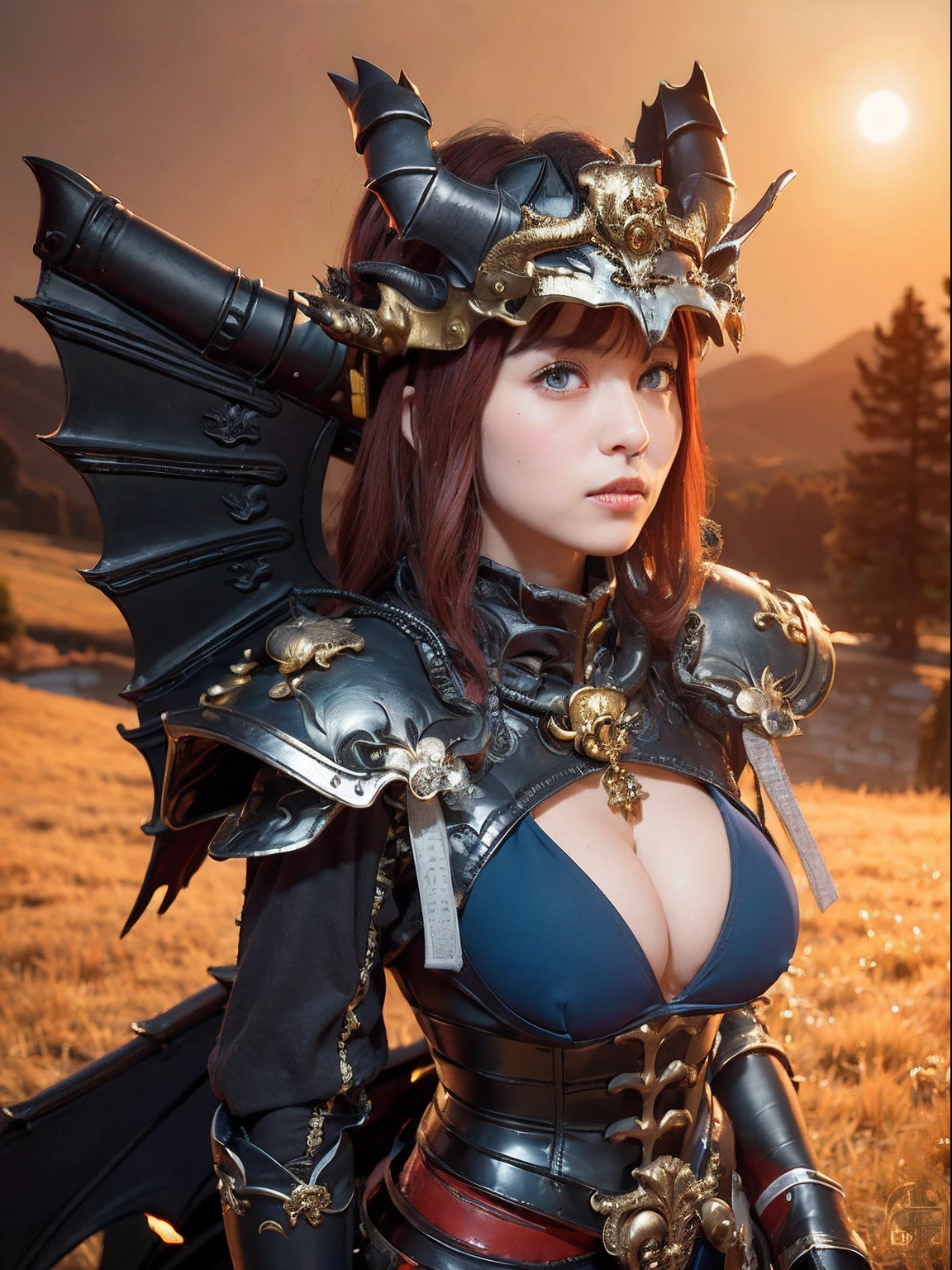 (masutepiece), Professional , ​masterpiece、top-quality、photos realistic , depth of fields 、（Dragon Black Metal Body:1.９),(Matte Blue Black、（cleavage of the breast）、Dragon Gold Weapon（Dragon Metal Body:1.４),Gorgeous gold weapons , Paint falling on her body, Viscous red liquid,（（ Dragon's dense and gorgeous sword）） , （demonic wings）   ,warhammer 40k , adepta sororitas,Detail and gorgeous crown、（（Red hair））、（Castle background）、（（Gangle's forest background））、Beautiful Caucasian beauty、１a person、dynamic ungle,(((Detailed and ornate dragon helmet)))、Smaller head、A smile、Castle background、Thin and beautiful female hands、cleavage of the breast、Soldier in iron armor on background、Mystical expression、Light Effects、intense fighting、Wind-effect、magic circles、With the legendary magic wand、Dragon's tail、