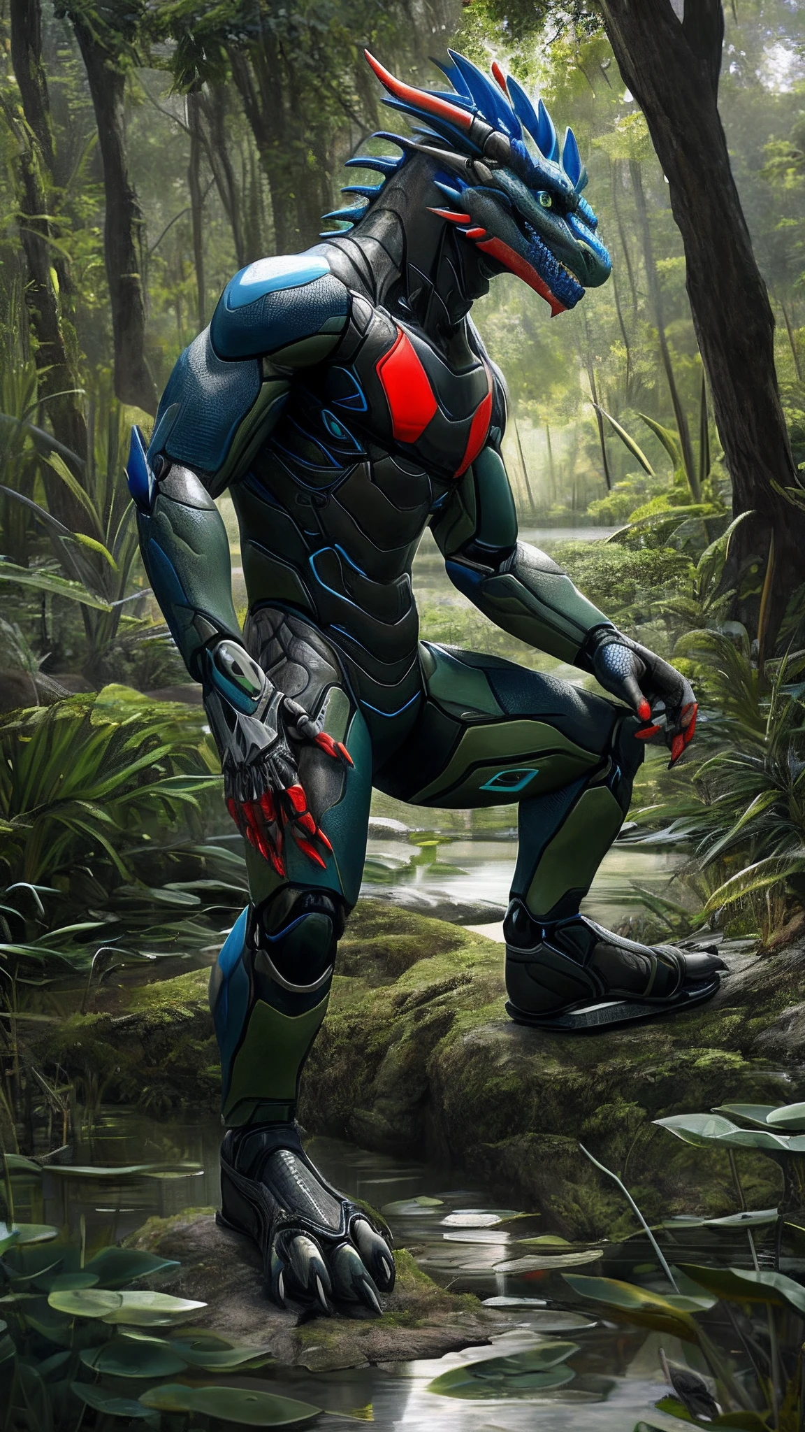 Bionic robot dragon,male,Android,Red Lingeri,sandals,Stuck in a swamp,HD graphics,Detailed and realistic,high detal,high qulity,photo-realistic,photorealistic eye,Detailed paws,Clear eyes,Masterpiece artwork,Five-fingered hands