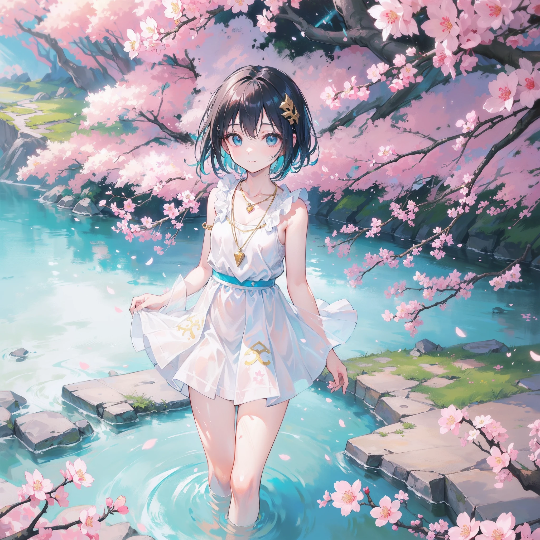 A close up view of Anime ((((short child)))) girl, White and aqua dress, ((blue hand accessories)), ((short black hair)), ((hair accessories)), blue eyes, gold ear decorations, nose, (smiling and excited), pale skin, small thigh, (((small barefeet))), cute, (((gold decorations and necklace on body ))), ((((In front of an mystical ancient village in a mystical forest with cherry blossom trees)))), ((((splasing on water in a river)))), cinematic light, high resolution, highest quality, ultra detailed, detailed face, (detailed eyes), best quality, hyper detailed, masterpiece, (((short legs))), clean face, sun shining down, (sleeveless), (((A far view)))