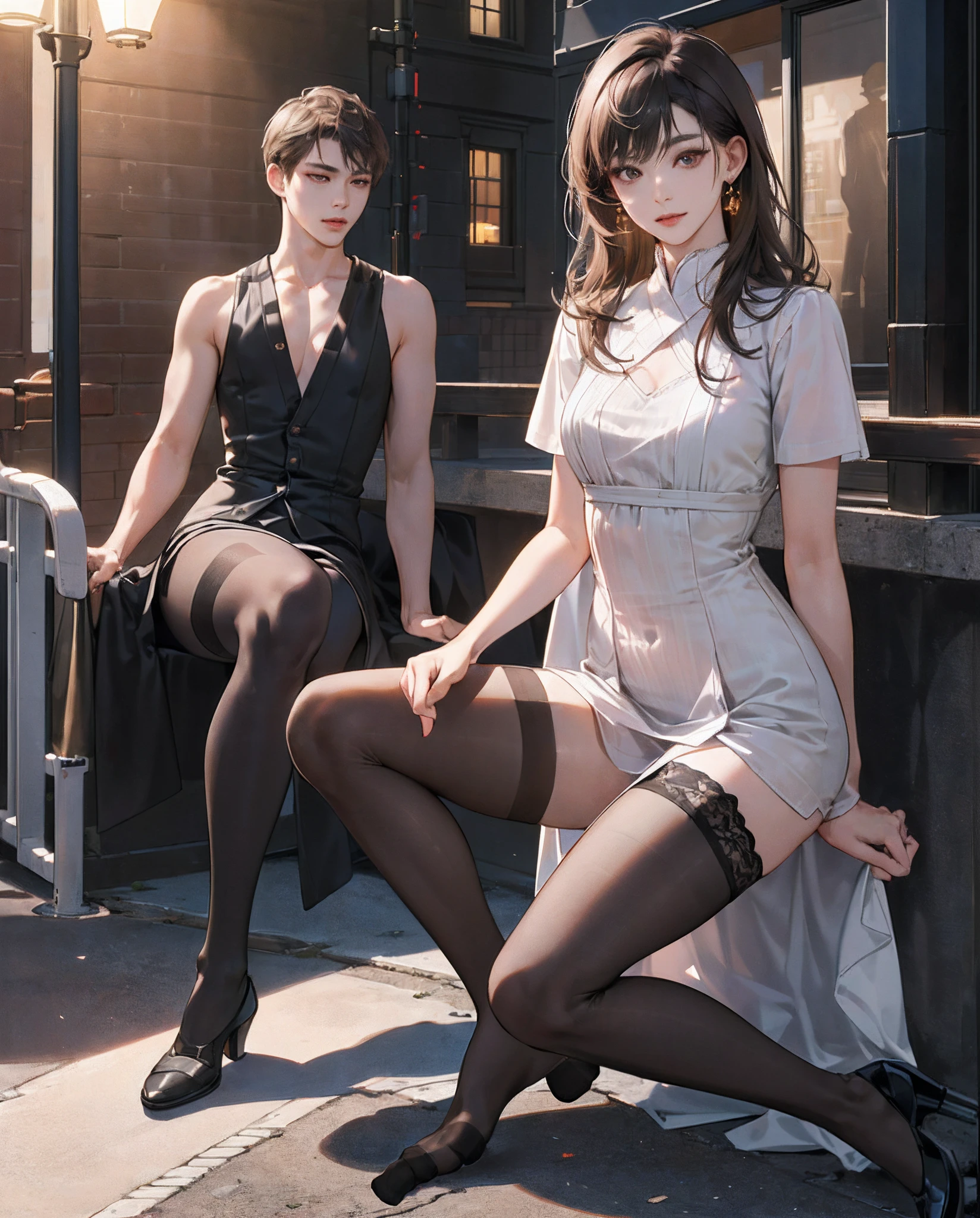((Realistic lighting, best qualtiy, 8k, tmasterpiece:1.3)), sharp fokus:1.2, 1girl, Beautiful Women with Perfect Figure:1.4, Slim abs:1.1, ((dark brown hair)), (white dresses:1.4),(exteriors,during night:1.1),the city street,Ultra-fine face,Fine eyes,二重まぶた,(Knee-length black stockings:1.5),Wang Junkai's face