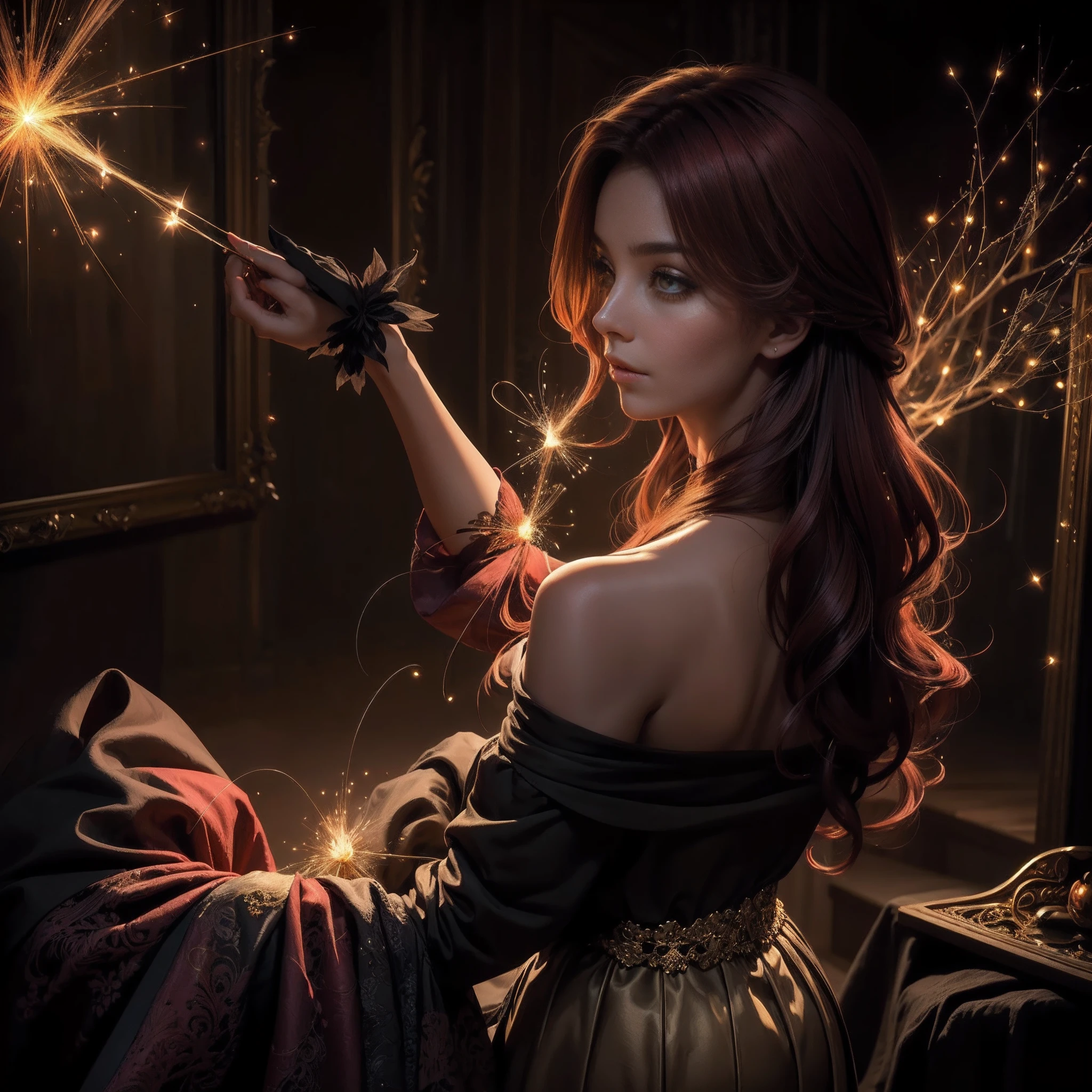 (obra maestra) (La mejor calidad) In a dark room of a strange reddish mist and golden sparks emerges a beautiful and beautiful witch of demonic appearance and great magical powers.... Your hair is being lifted upwards by a mysterious wind.