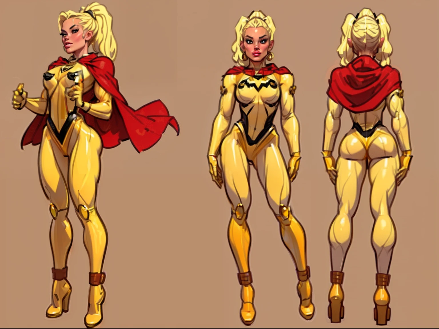 ((masterpiece)),(((best quality))),((character design sheet)), ((full body view)) illustration,1girl, muscular, ((yellow bodysuit:1.5)), superhero, (blonde ponytail:1.4), (red cape:1.3) ((detailed face:1.4)) beautiful woman, (red boots:1.1)shiny skin, (gold emblem on chest:1.2),scribbles and marks, (puffy lips:1.3), rough sketches, pose, 8k,16k, (simple background, white background: 1.3)