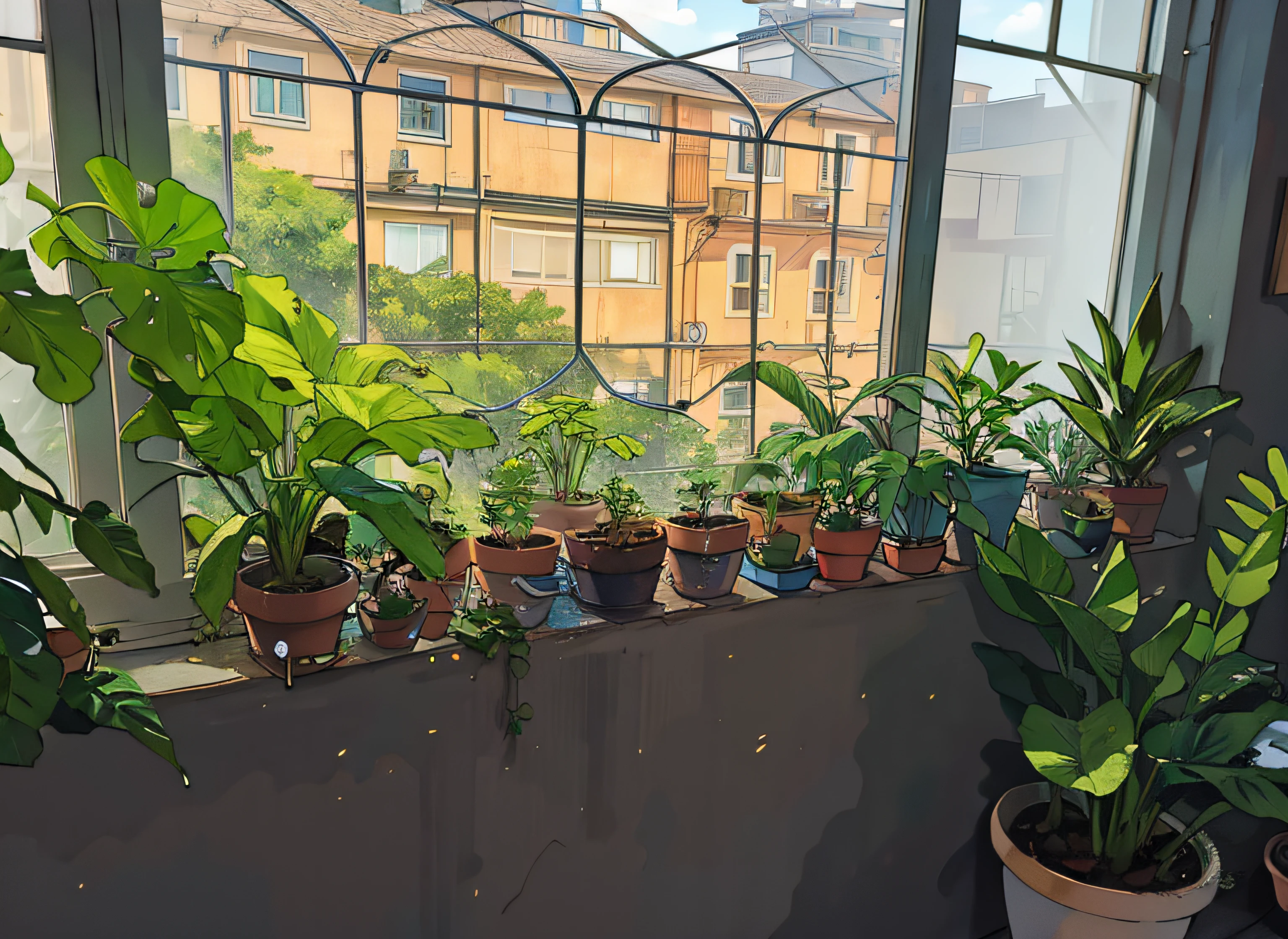 there are many potted plants on the windowsill of a building, lots of plants, window sill with plants, plants everywhere, pots with plants, filled with plants, plants on balconies, adorned with all kind of plants, plants growing, the city is full of green plants, some plant life, some plants, many plants, plants and jungle, so many plants style draw old school anime AI