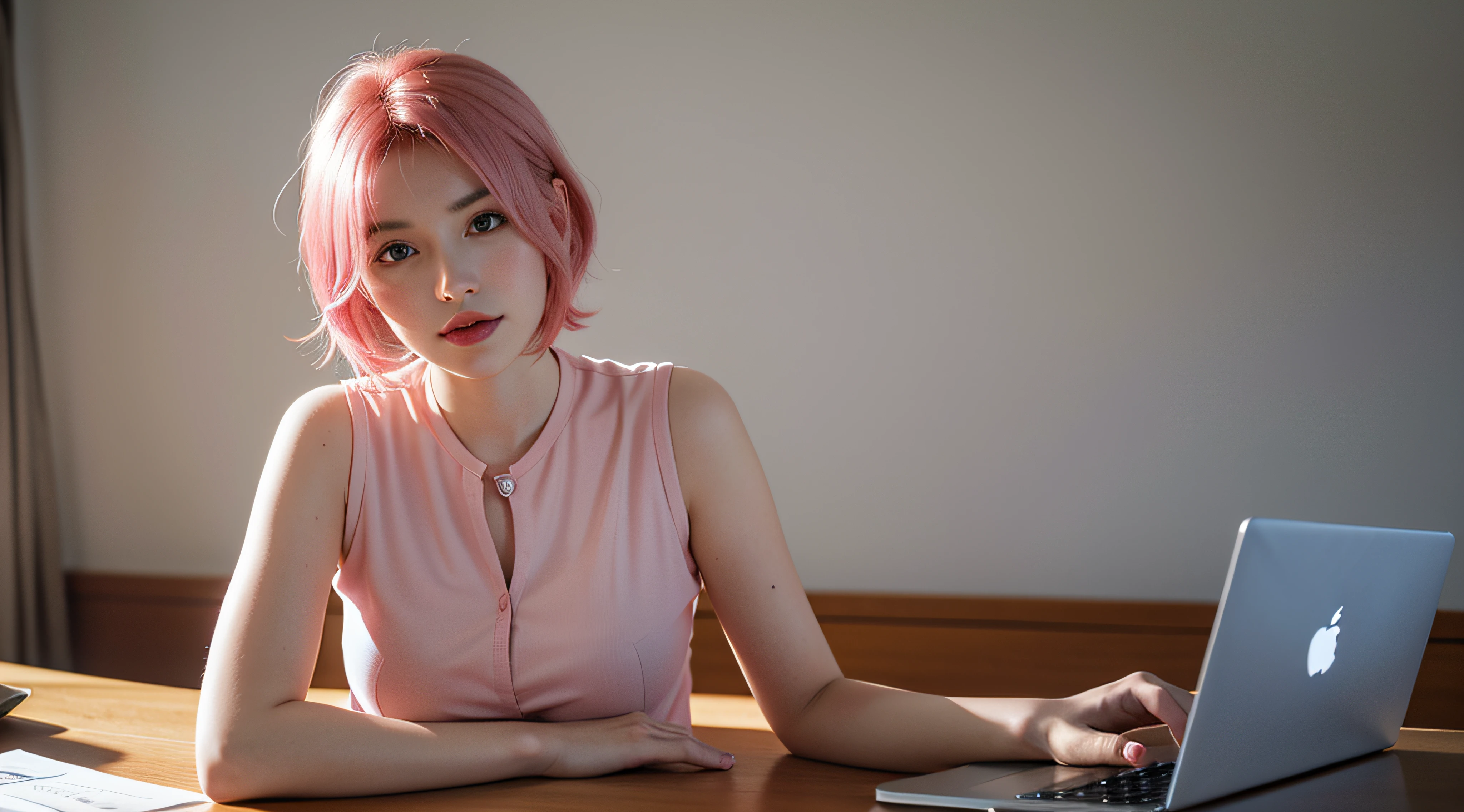 photo of a woman sitting on desk in front of a laptop , with money stacks , cute girl , confident look, with short pink hair, jovana rikalo, full subject shown in photo, professional image , medium portrait, wide portrait, young business woman, color portrait, with pink hair, high quality portrait , aleksandra waliszewska