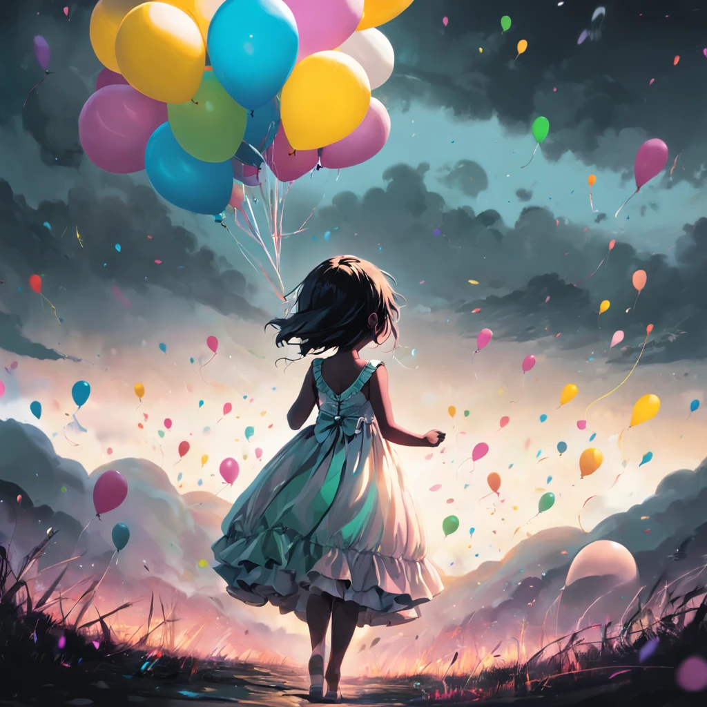 A black and white photo of a in a dress on her back holding colorful balloons, color effect only on balloons, imagem que demonstra liberdade e felicidade, salpicos de cor , salpicos de cor, salpicos de cor, futuro!!, Beautiful image, party balloons, Awesome, Por Irakli Nadar, foto bonito, menina feliz, !!! fotografia colorida, belo tiro, juvenile colors 8K pink balloons, azul, verde, amarelo.