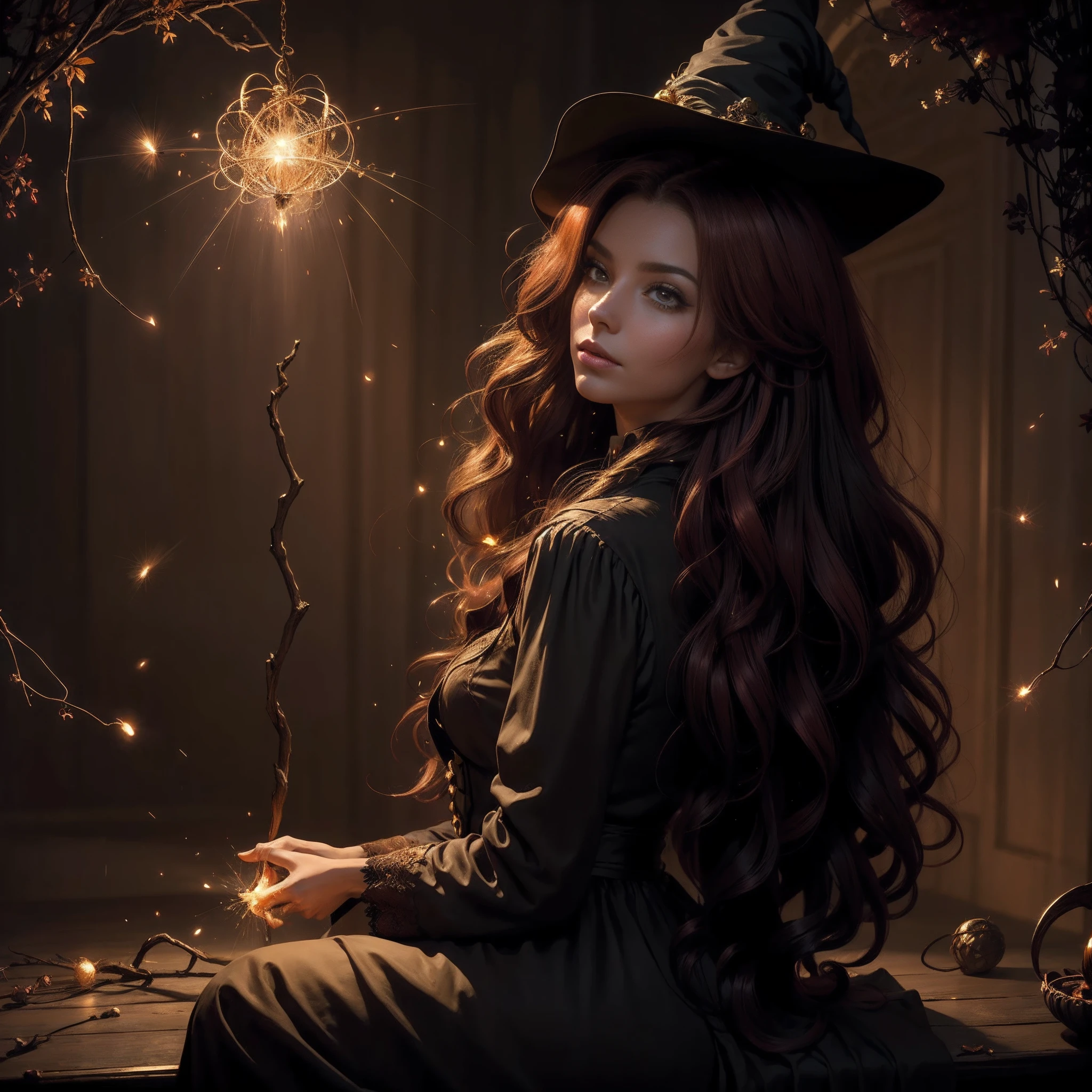 (obra maestra) (La mejor calidad) In a dark room of a strange reddish mist and golden sparks emerges a beautiful and beautiful witch of demonic appearance and great magical powers.... Your hair is being lifted upwards by a mysterious wind.