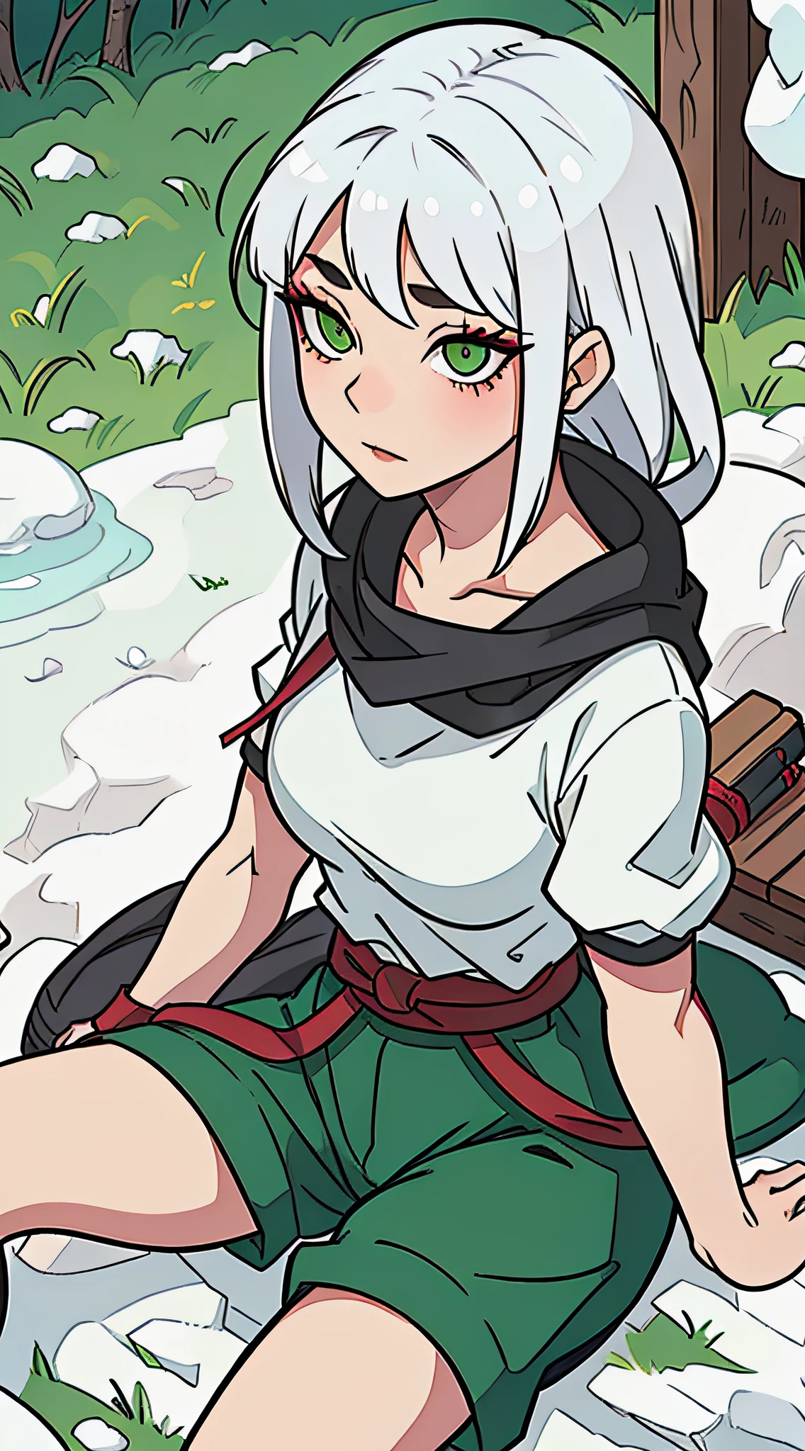 a fair-skinned kunoichi with snow white hair, green eyes, and red eye makeup, sitting peacefully on the grass, with tired baggy eyes and toned muscles.