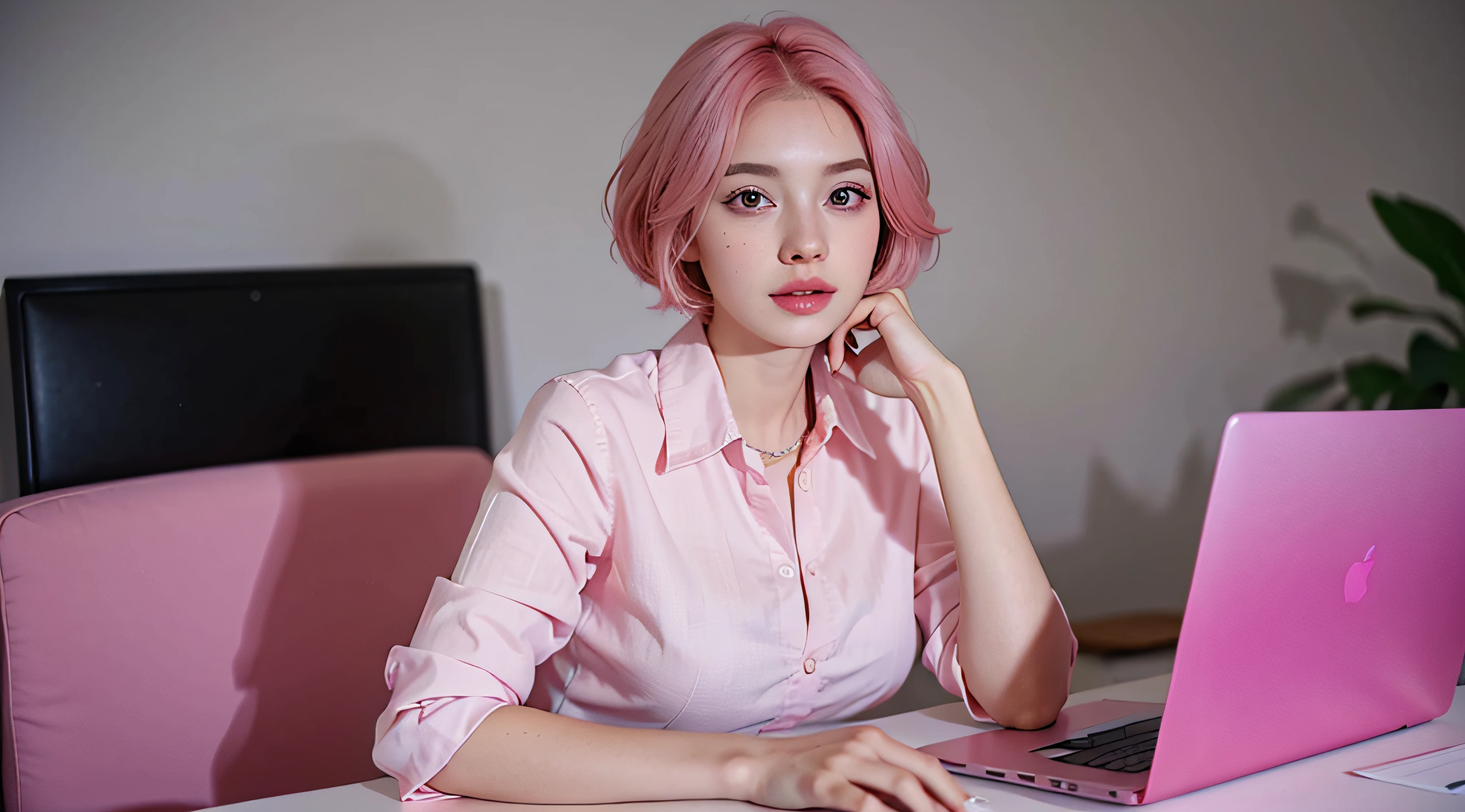 photo of a woman sitting on desk in front of a laptop , with money stacks , cute girl , confident look, with short pink hair, jovana rikalo, full subject shown in photo, professional image , medium portrait, wide portrait, young business woman, color portrait, with pink hair, high quality portrait , aleksandra waliszewska