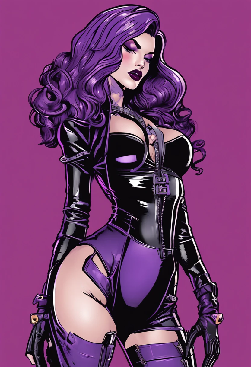 Full body shot, illustration, female, witch, pale skin, Purple hair, butt length hair, purple eyes, plump lips, big lips, purple lipstick, long lashes, sensual face, curvaceous body, voluptuous, wide hips, thick thighs, large round butt, dark purple keyhole leather bodysuit, black leather high heeled boots, purple latex arm warmers, long nails, purple painted nails, witch's hat on head, thigh belt, torch lit dungeon background.
