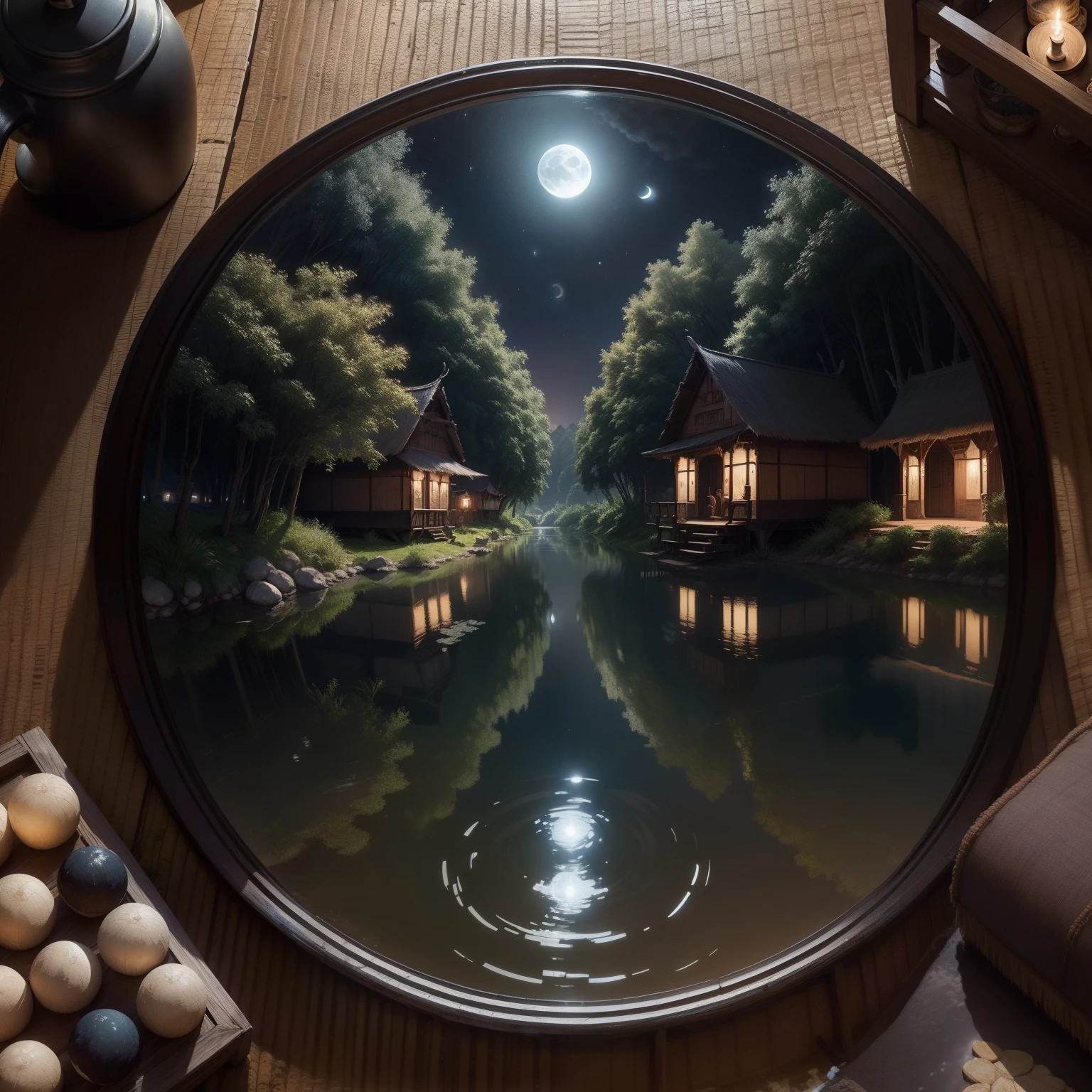 In a indian village jump up river night moonlight and moon mirror on water and moon reflection on water , bird eye view cinematic night, ultra hd, oil painting