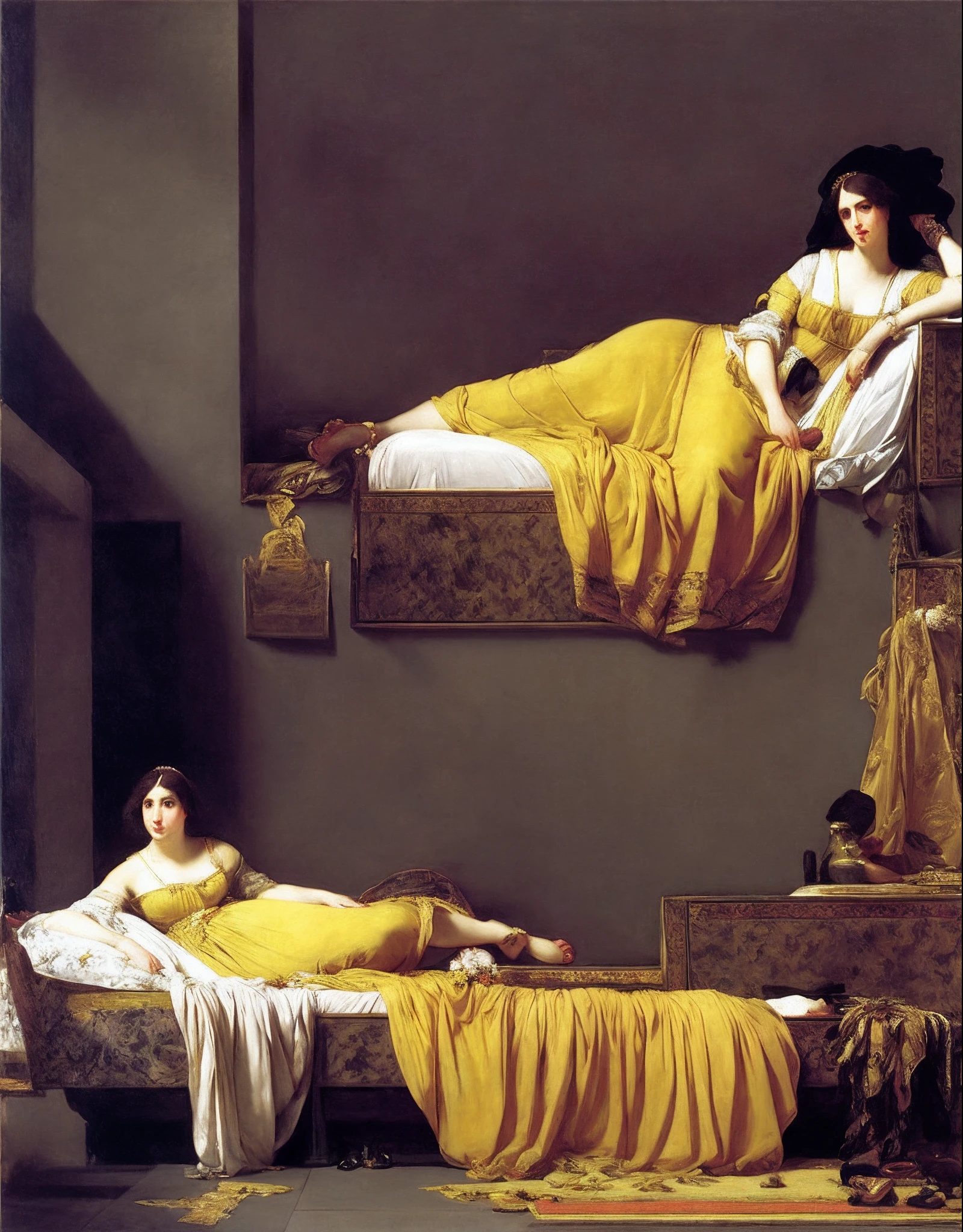 painting of a woman in a yellow dress is laying on a bed, classicism oil painting, by Karl Bryullov, by François Joseph Heim, paul delaroche, by Samuel Colman, by Alexandre Cabanel, by Thomas Stuart Burnett, by Emanuel de Witte, jean-joseph benjamin-constant, romanticism painting, by Francesco Hayez