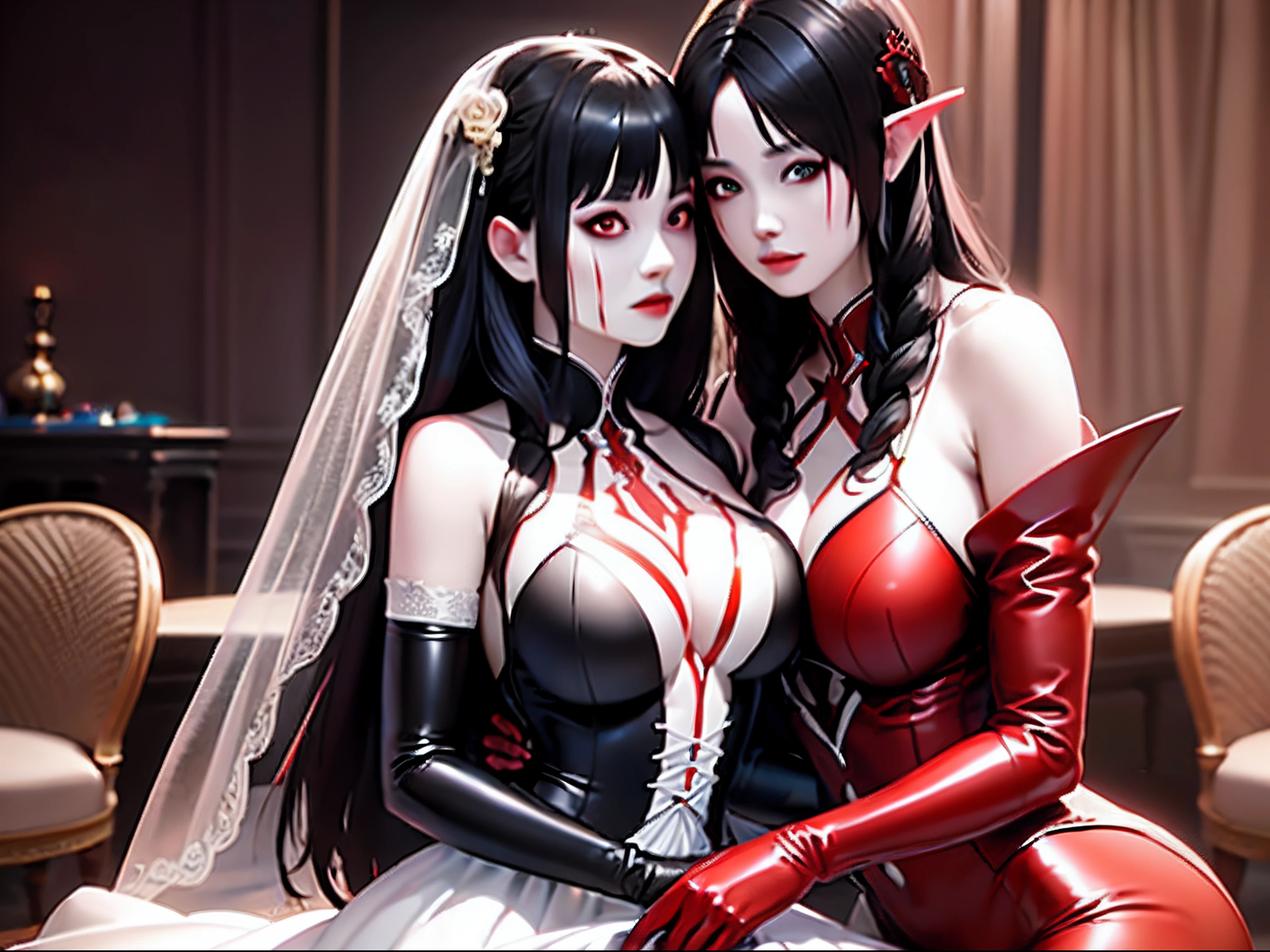 arafed, high details, best quality, 16k, [ultra detailed], masterpiece, best quality, (extremely detailed), dynamic angle, ultra wide shot, RAW, photorealistic, a wide angle picture of a vampire bride biting  her groom, a [female vampire] bride (best details, Masterpiece, best quality) vampire female in a white latex wedding gown with blood stains (best details, Masterpiece, best quality), ultra detailed face (best details, Masterpiece, best quality), ultra feminine, grey skin, red haired, long hair, wedding hair cut style, blue eyes, intense eyes, wearing model715 black latex wedding dress bloody gown (best details, Masterpiece, best quality), wearing white high heels, in the honeymoon suite (best details, Masterpiece, best quality), biting the the groom, bloody face, BREAK a beautiful human man (best details, Masterpiece, best quality), ultra detailed face (best details, Masterpiece, best quality), wearing a white wedding tuxedo (best details, Masterpiece, best quality), honeymoon suite background, Ultra-Wide Angle, high detail, award winning, best quality, HD, 16K, 3D rendering, high details, best quality, highres, ultra wide angle, 3D rendering, [[anatomically correct]]