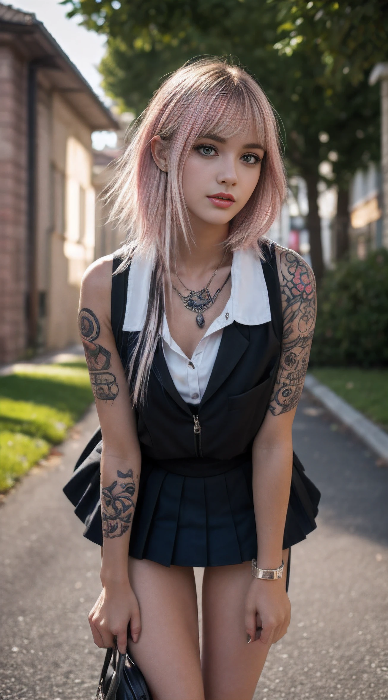 Award Photo of gorgeous Spanish ( Feel free to sexy pose ) , 19 years old , Passionately teennorexic body , Tall , Skinny legs, Thigh big gap , Babe , Long legs , Big bell shape tits , Beautifull , Diamond face shape , Doll facial features , Giant upturned eyes , Short Bob haircut , white with soft Pink highlights Hair color , Pale skin , Soft redish skin , Full Neck tattoo , long neck, Punk , Tattoos , Thirsty open-mouthed, Bad girl , cute out sticking ears, Perfect round lips , Ultra detailed eyes , Strong mascara , Green eyes , Large fluffy eyebrows, 25mm Diva black eyelashes , (Amazing facial features) , School uniform, Unbutonned school bluce , Sport shoes , Looking forward , True - Life , Dirty Street , Reflector light , Masterpiece, Realistic, art of ANNIE LEIBOVITZ, Textured skin , Highest-quality , High Detailed photo , 8k, Canon EF 50mm f/1.8 STM
