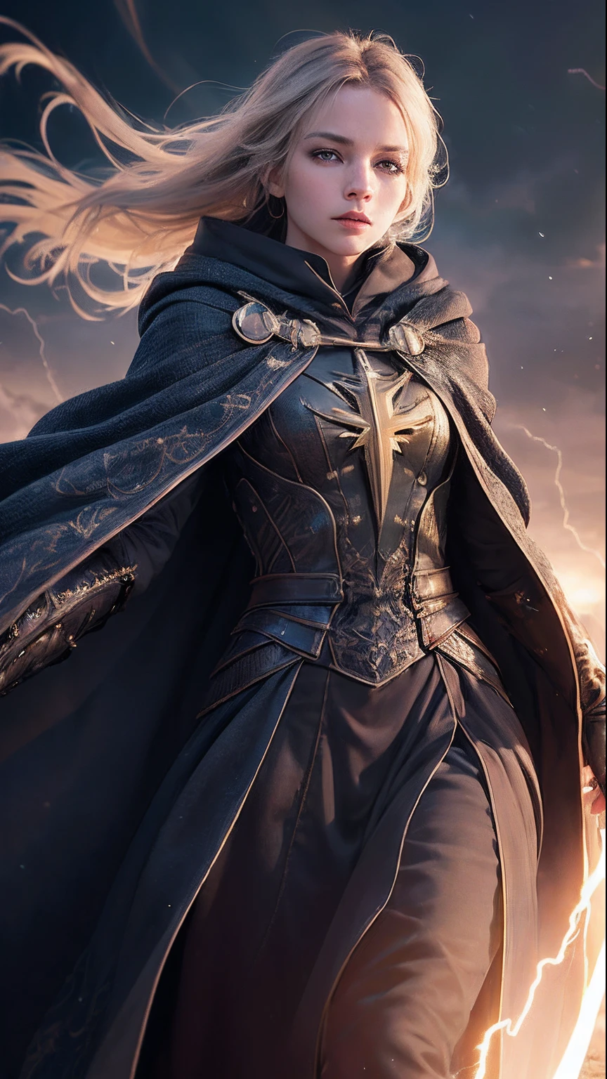 (skindentation:1.5), Realistic, Photorealistic, (masterpiece:1.5), concept art, intricate details, highly detailed, photorealistic, octane render, 8k, unreal engine, dynamic pose, best quality, highres, (realistic face:1.1), (hyperrealistic:1.1), ((full_body)), perfect eyes,(shiny skin:1.2), (((hairstyle))), (((perfect hands))), (extremely detailed background), ((dynamic background)), ((lightning)), (light rays), ((1girl)), wearing cloak, (((flowing cloak))), ((detailed eyes, high quality eyes, high quality face)), (extremely intricate robes, magical robes), short hair, casting lightning, electricity, swirling fire, radiating power, sparks, smoke, magic, ((dramatic)), epic, battlefield, depth of field, bokeh, 4k, gothic, ember, particles