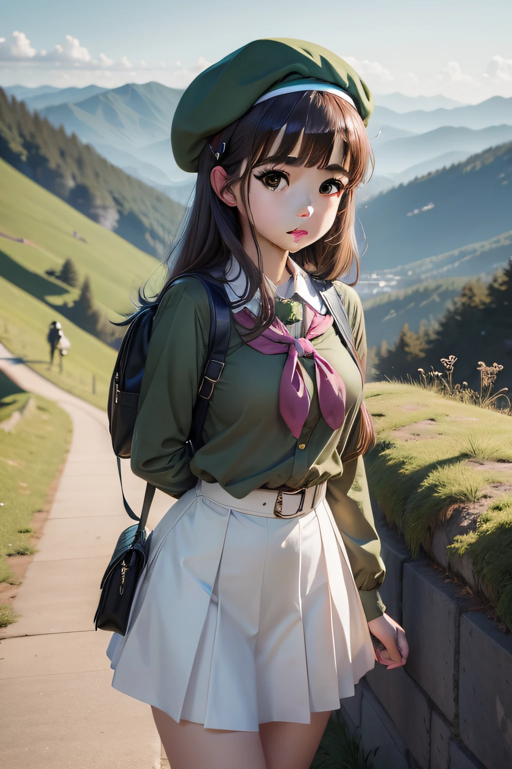 cute anime school girl with a beret standing on a green hill.