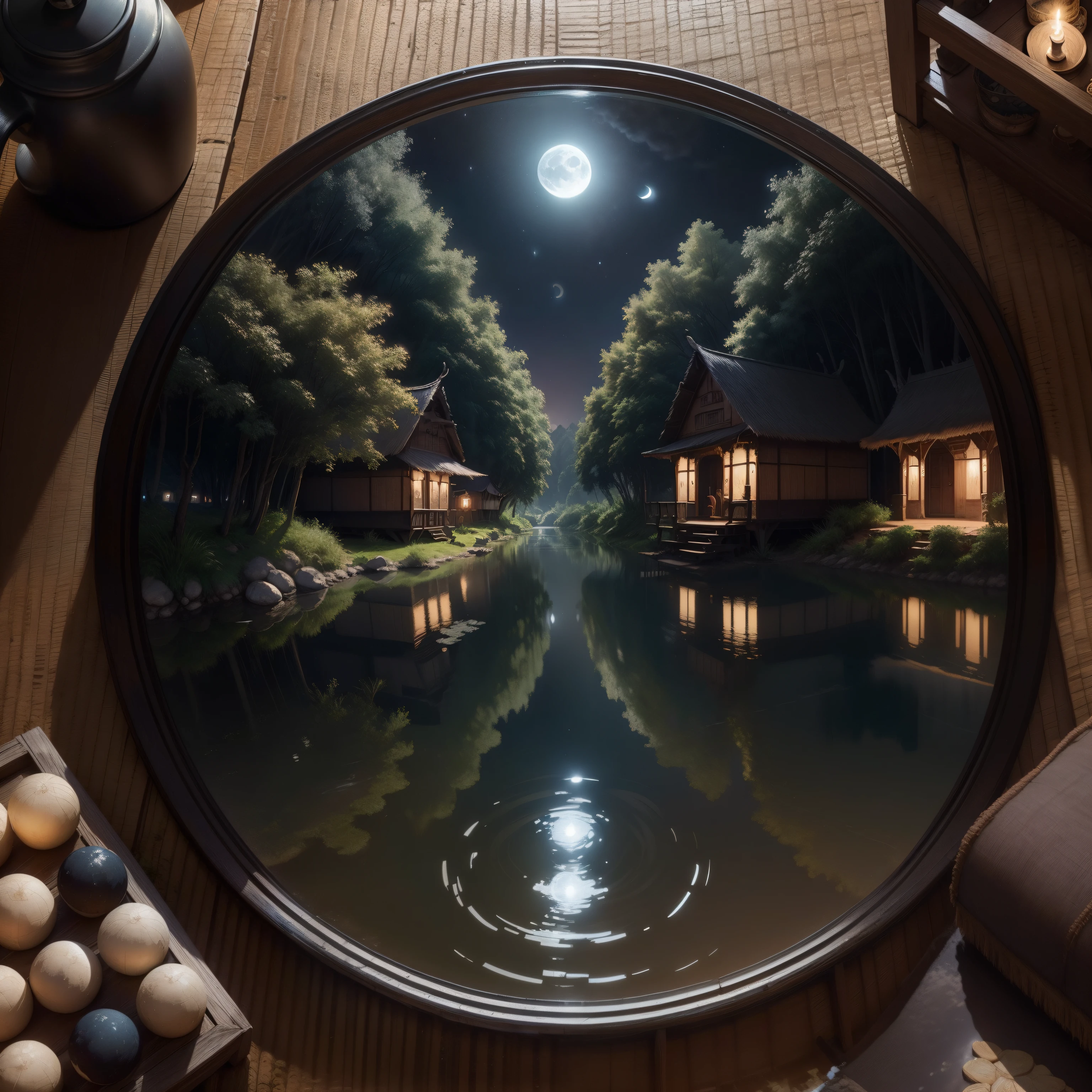 In a indian village jump up river night moonlight and moon mirror on water and moon reflection on water , bird eye view cinematic night, ultra hd, oil painting