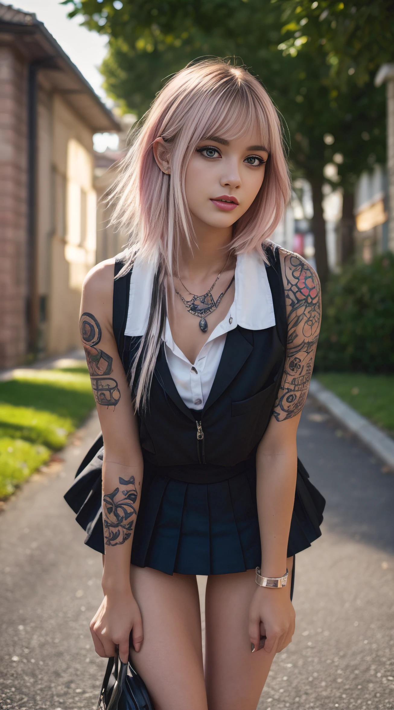 Award Photo of gorgeous Spanish teen ( Feel free to sexy pose ) , 19 years old ,  Passionately teen , Anorexic body , Tall , Skinny legs,  Thigh big gap , Babe , Long legs , Big bell shape tits , Beautifull , Diamond face shape , Doll facial features , Giant upturned eyes , Short Bob haircut , white with soft Pink highlights Hair color , Pale skin , Soft redish skin , Full Neck tattoo , long neck, Punk , Tattoos , Thirsty open-mouthed, Bad girl , cute out sticking ears, Perfect round lips  , Ultra detailed eyes  , Strong mascara , Green eyes , Large fluffy eyebrows, 25mm Diva black eyelashes , (Amazing facial features) , School uniform, Unbutonned school bluce , Sport shoes , Looking forward , True - Life , Dirty Street , Reflector  light , Masterpiece, Realistic, art of ANNIE LEIBOVITZ, Textured skin , Highest-quality , High Detailed photo , 8k, Canon EF 50mm f/1.8 STM