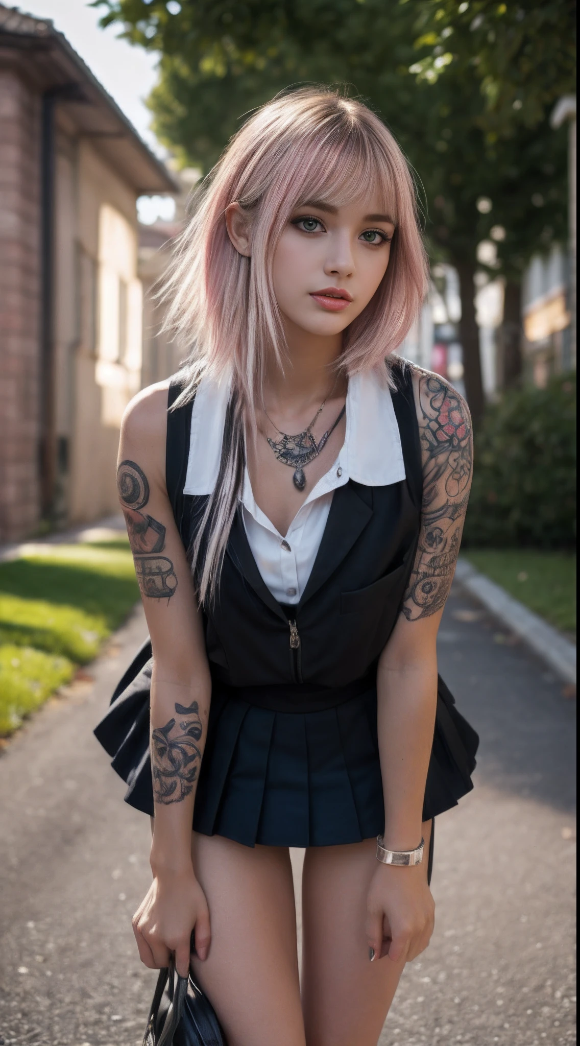 Award Photo of gorgeous Spanish ( Feel free to sexy pose ) , 19 years old , Passionately teennorexic body , Tall , Skinny legs, Thigh big gap , Babe , Long legs , Big bell shape tits , Beautifull , Diamond face shape , Doll facial features , Giant upturned eyes , Short Bob haircut , white with soft Pink highlights Hair color , Pale skin , Soft redish skin , Full Neck tattoo , long neck, Punk , Tattoos , Thirsty open-mouthed, Bad girl , cute out sticking ears, Perfect round lips , Ultra detailed eyes , Strong mascara , Green eyes , Large fluffy eyebrows, 25mm Diva black eyelashes , (Amazing facial features) , School uniform, Unbutonned school bluce , Sport shoes , Looking forward , True - Life , Dirty Street , Reflector light , Masterpiece, Realistic, art of ANNIE LEIBOVITZ, Textured skin , Highest-quality , High Detailed photo , 8k, Canon EF 50mm f/1.8 STM