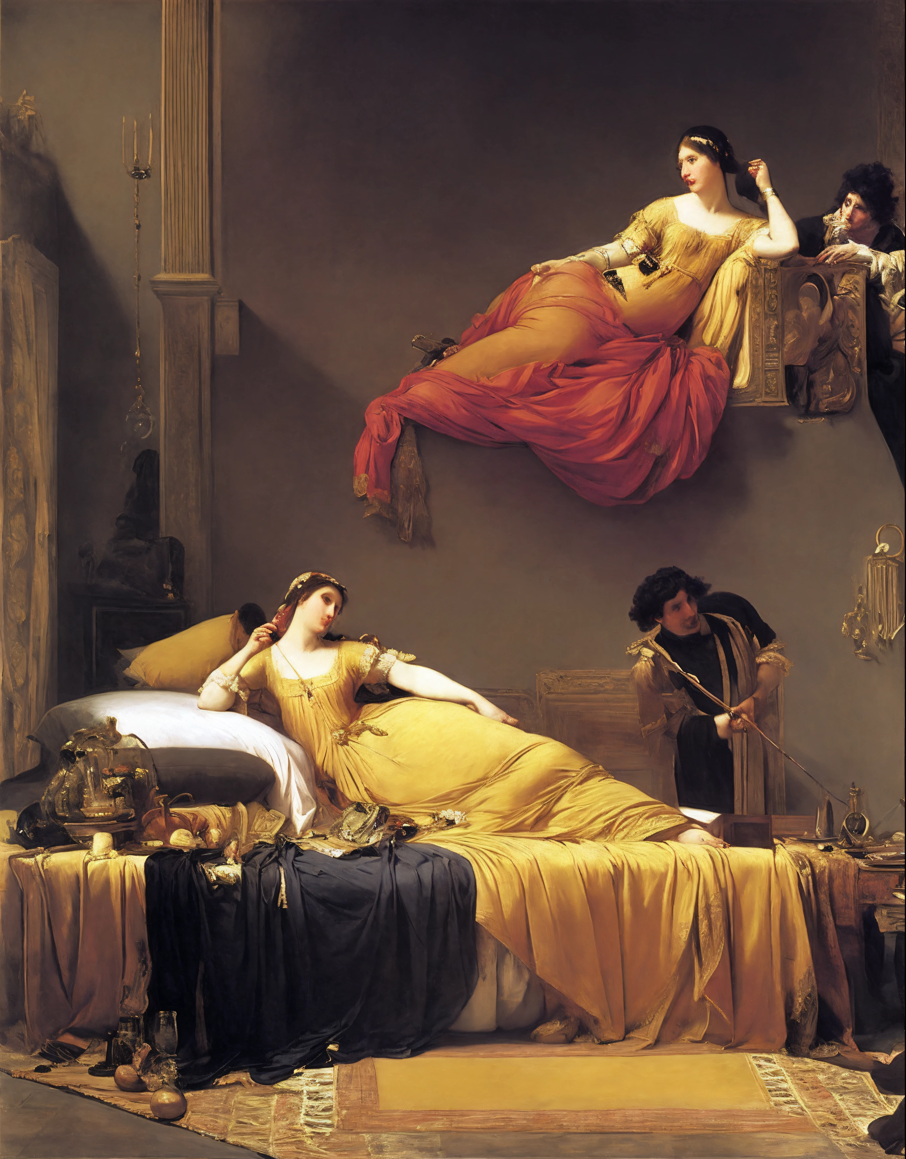 painting of a woman in a yellow dress is laying on a bed, classicism oil painting, by Karl Bryullov, by François Joseph Heim, paul delaroche, by Samuel Colman, by Alexandre Cabanel, by Thomas Stuart Burnett, by Emanuel de Witte, jean-joseph benjamin-constant, romanticism painting, by Francesco Hayez