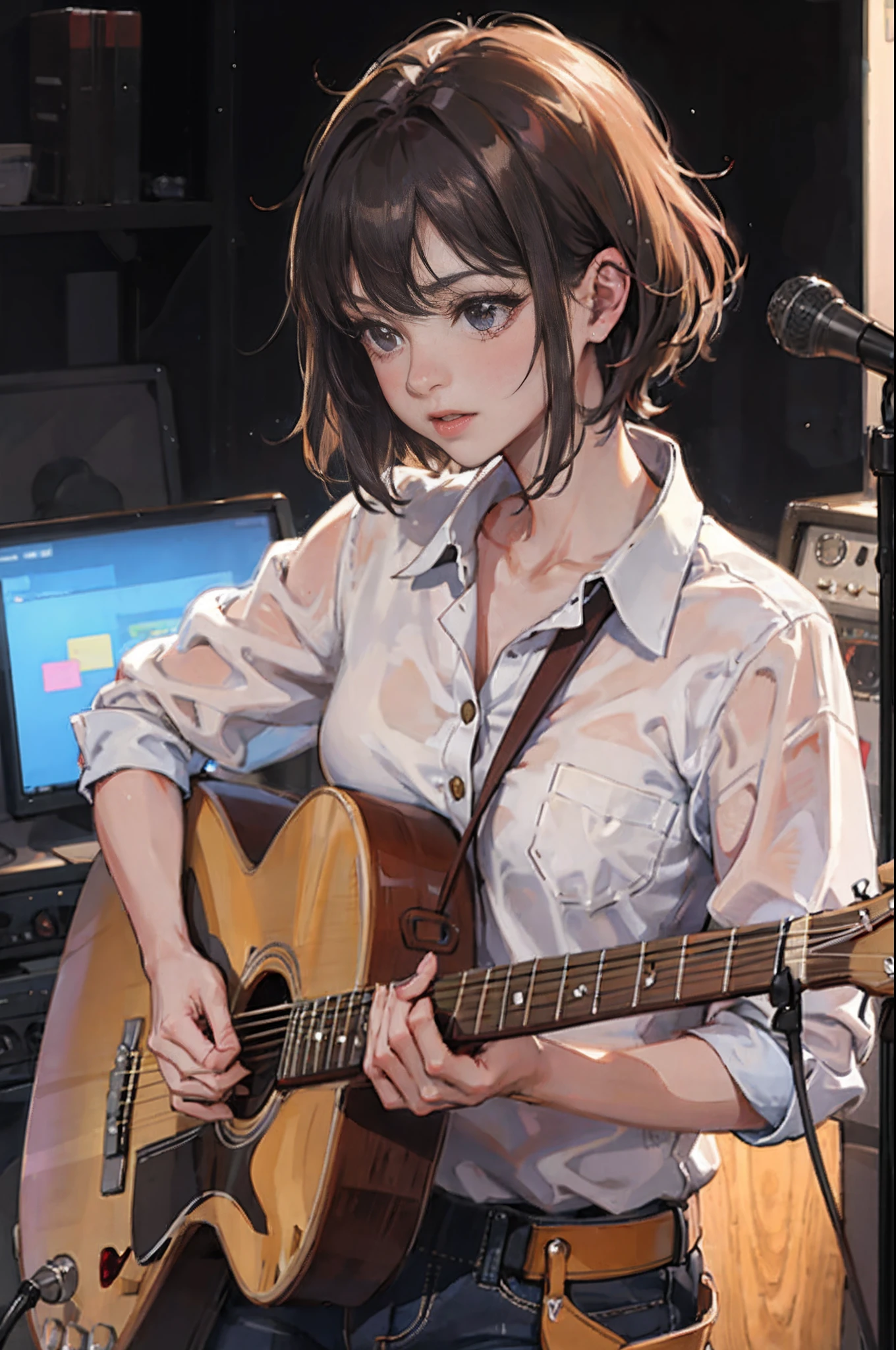 A girl with short hair playing a guitar