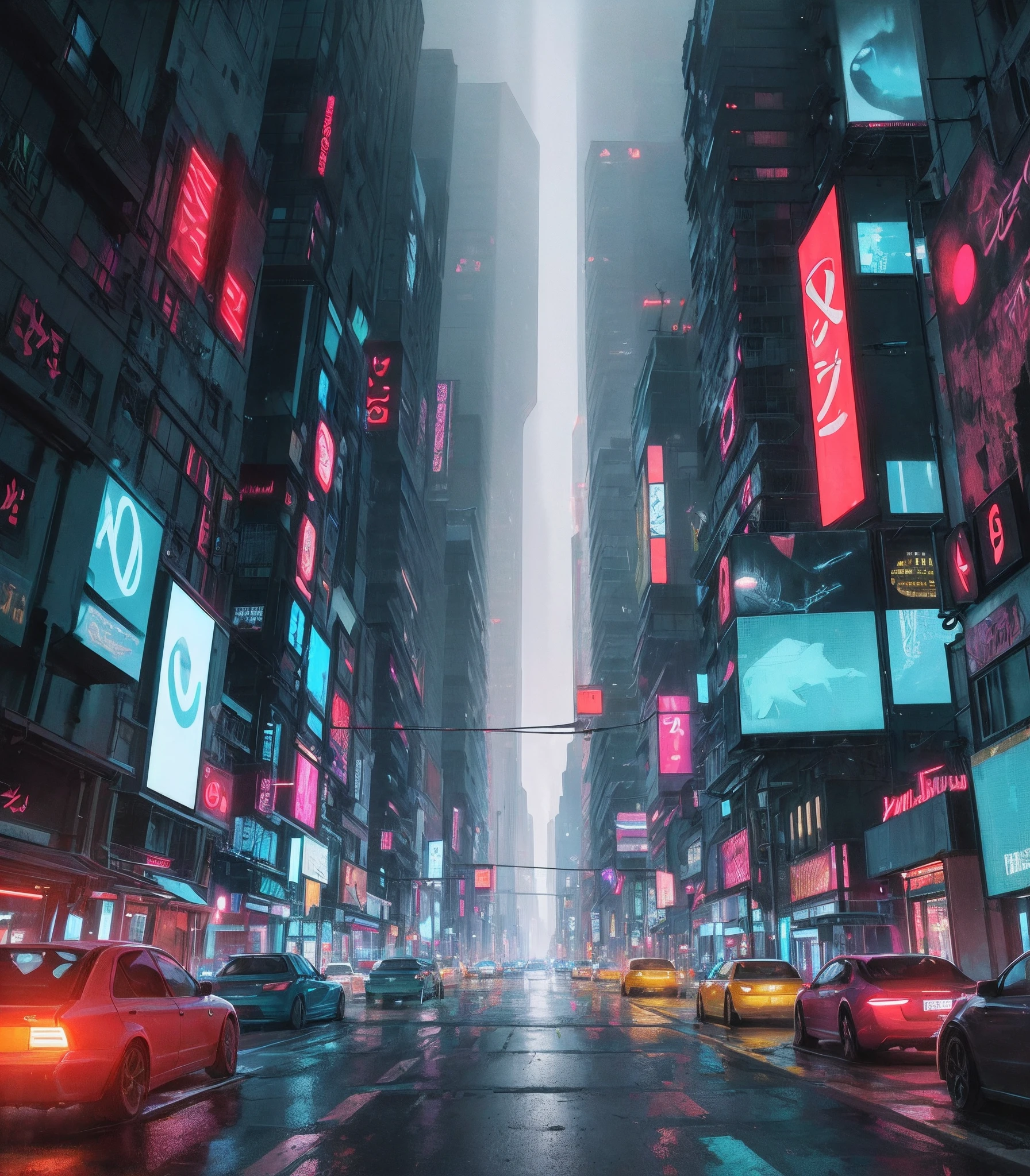 Create an AI-generated artwork depicting a futuristic cityscape at dusk, with holographic billboards illuminating the streets, flying cars weaving through skyscrapers, and a sense of bustling urban life. Style: Futuristic Cyberpunk (style:1.0), (masterpiece:1.2) (neon lights) (dystopian atmosphere) (cityscape) (dynamic composition) (nighttime) (glowing reflections) (vibrant colors) (rain-soaked streets) (high detail) (4k) (atmospheric perspective)."